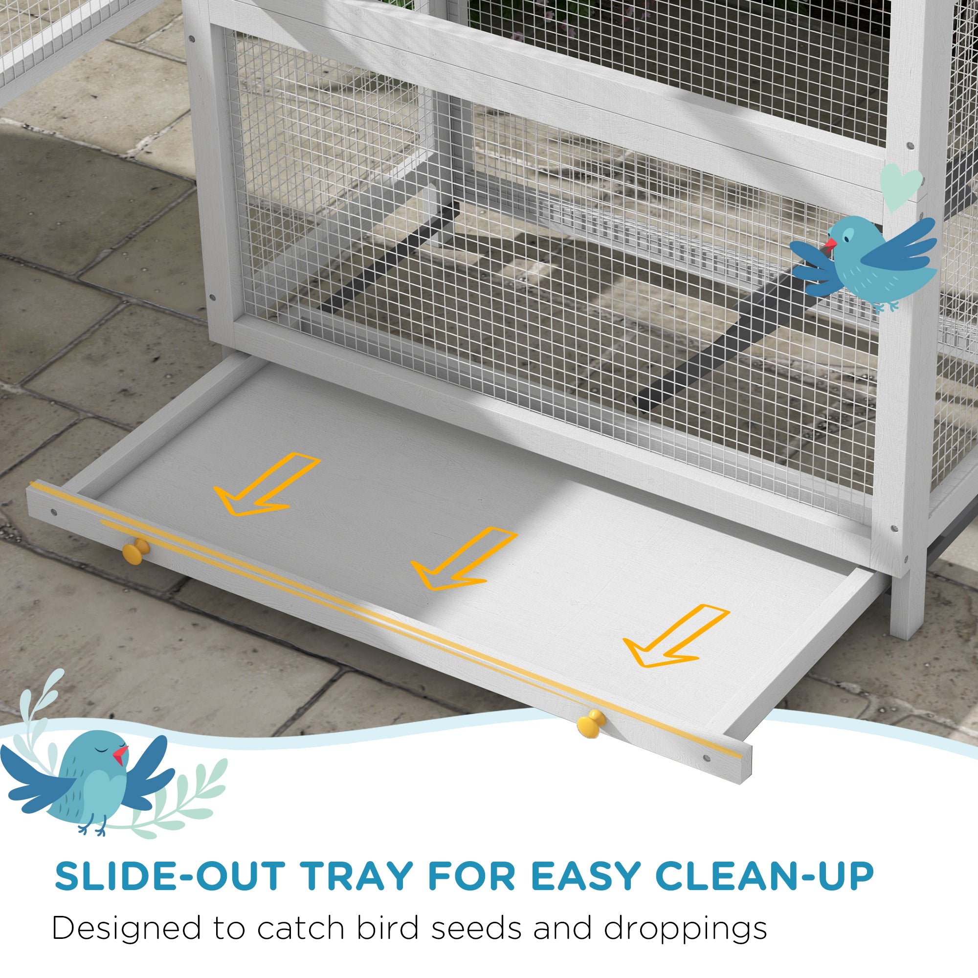 PawHut Wooden Bird Aviary, 67" Outdoor Bird Cage with Slide-Out Tray, Three Doors, Birdhouse, Ladder, Perches for Finches, Parakeets, Gray