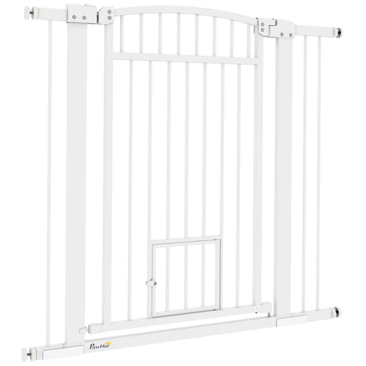 PawHut Pet Gate Indoor with Cat Door, 30"-41" Dog Gate, Extra Wide Walk Through Puppy Gate, 3-Inch and 5.5-Inch Extension Kits, Pressure or Hardware Mounted for Stairway, Doorway, Hallway, 37" High