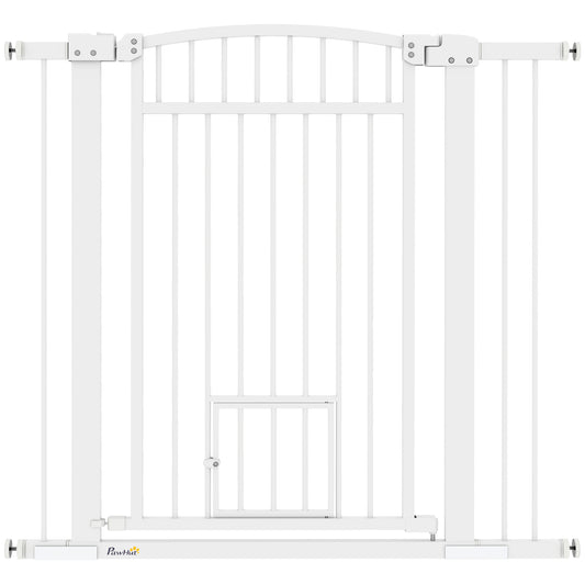 PawHut Pet Gate Indoor with Cat Door, 30"-41" Dog Gate, Extra Wide Walk Through Puppy Gate, 3-Inch and 5.5-Inch Extension Kits, Pressure or Hardware Mounted for Stairway, Doorway, Hallway, 37" High