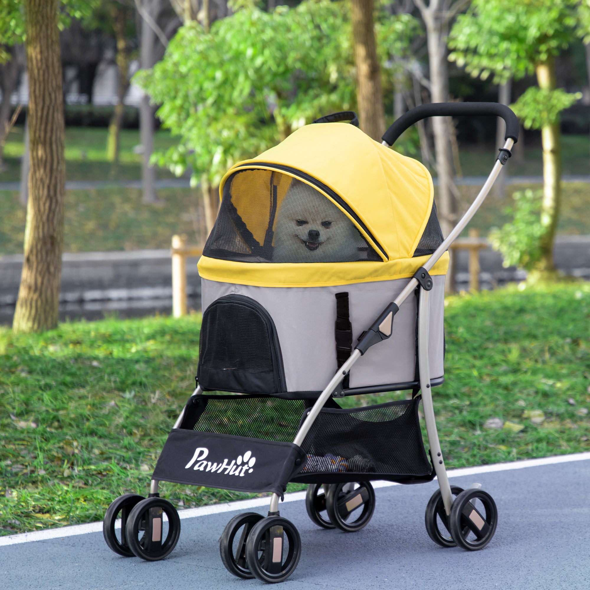 4 Wheels Pet Stroller, 3 in 1 Dog Cat Travel Folding Carrier, for Small Dogs, Detachable, w/ Brake, Canopy, Basket, Storage Bag - Yellow