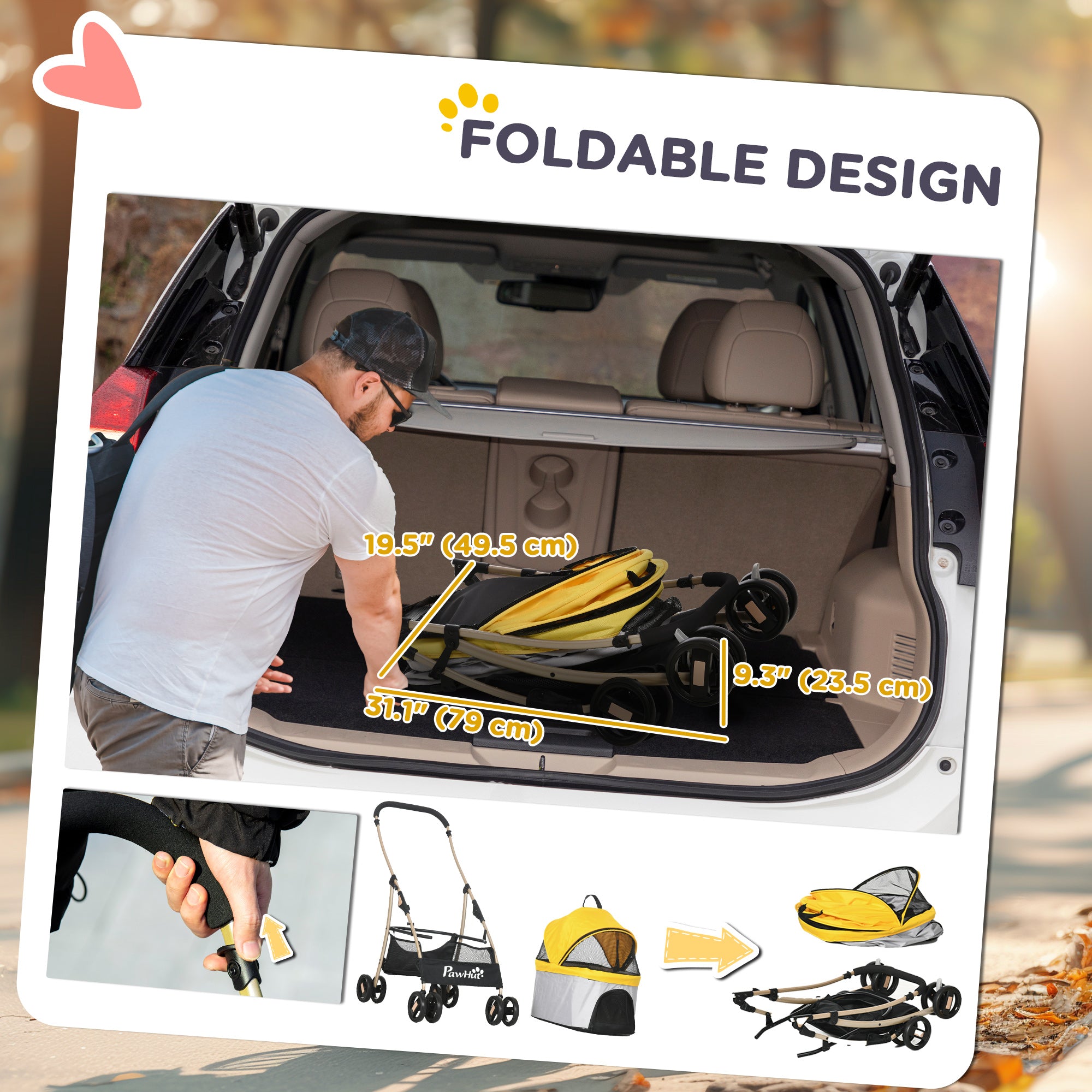 4 Wheels Pet Stroller, 3 in 1 Dog Cat Travel Folding Carrier, for Small Dogs, Detachable, w/ Brake, Canopy, Basket, Storage Bag - Yellow