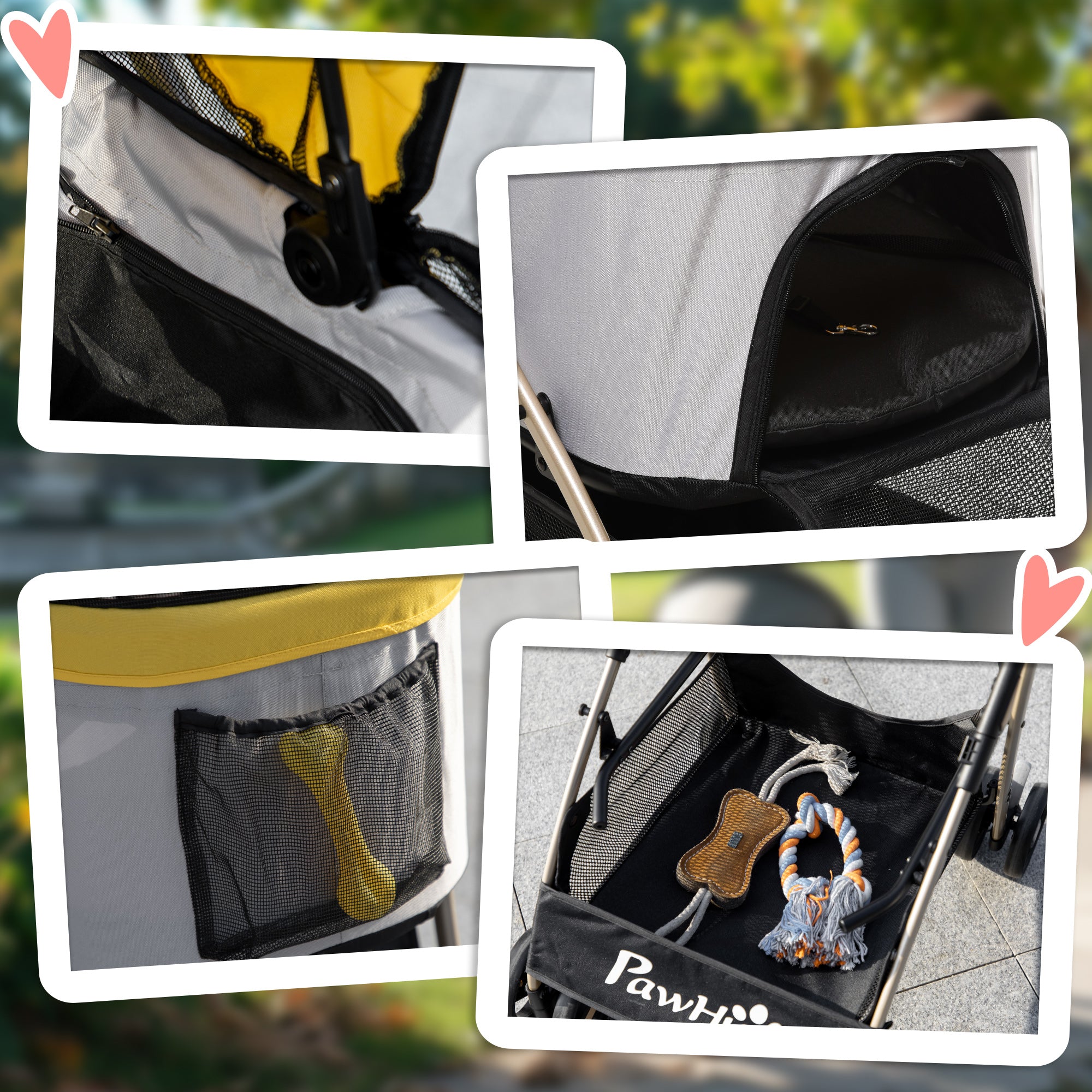 4 Wheels Pet Stroller, 3 in 1 Dog Cat Travel Folding Carrier, for Small Dogs, Detachable, w/ Brake, Canopy, Basket, Storage Bag - Yellow
