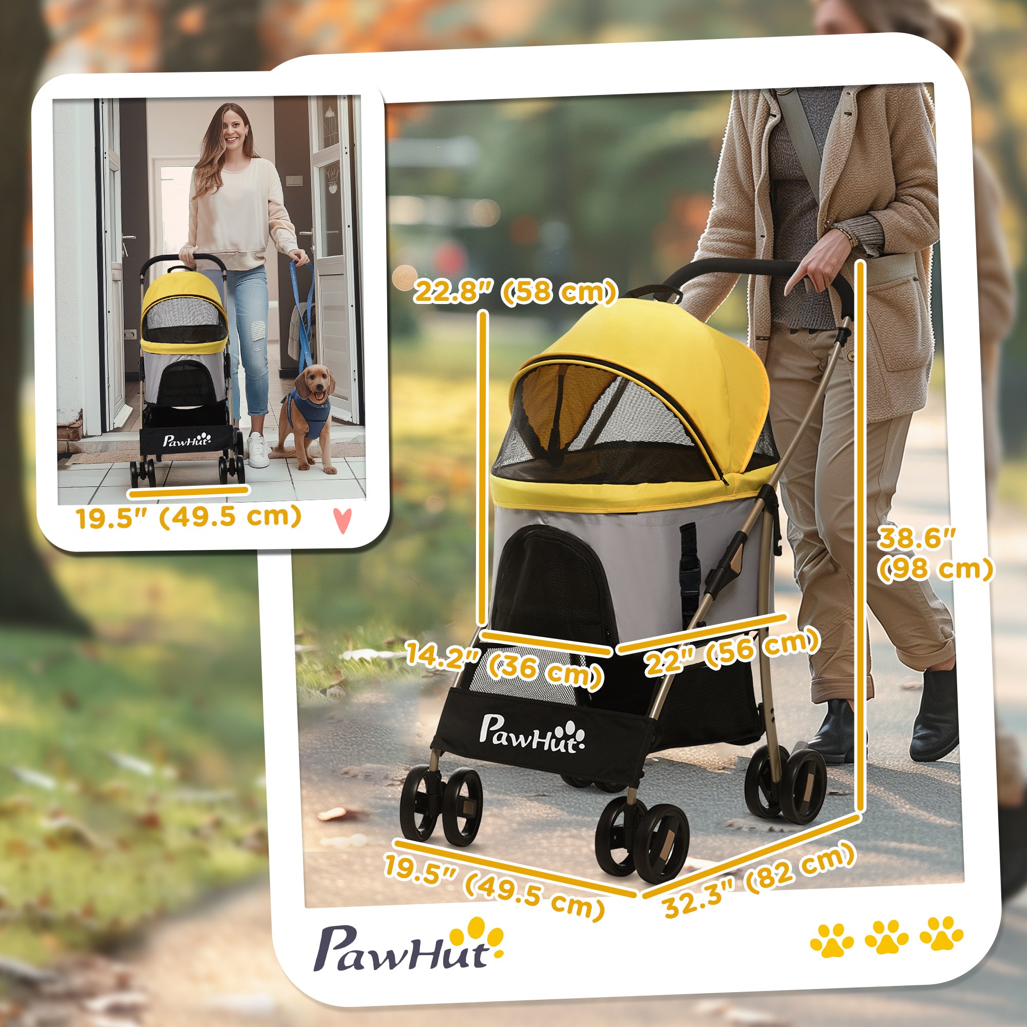 4 Wheels Pet Stroller, 3 in 1 Dog Cat Travel Folding Carrier, for Small Dogs, Detachable, w/ Brake, Canopy, Basket, Storage Bag - Yellow