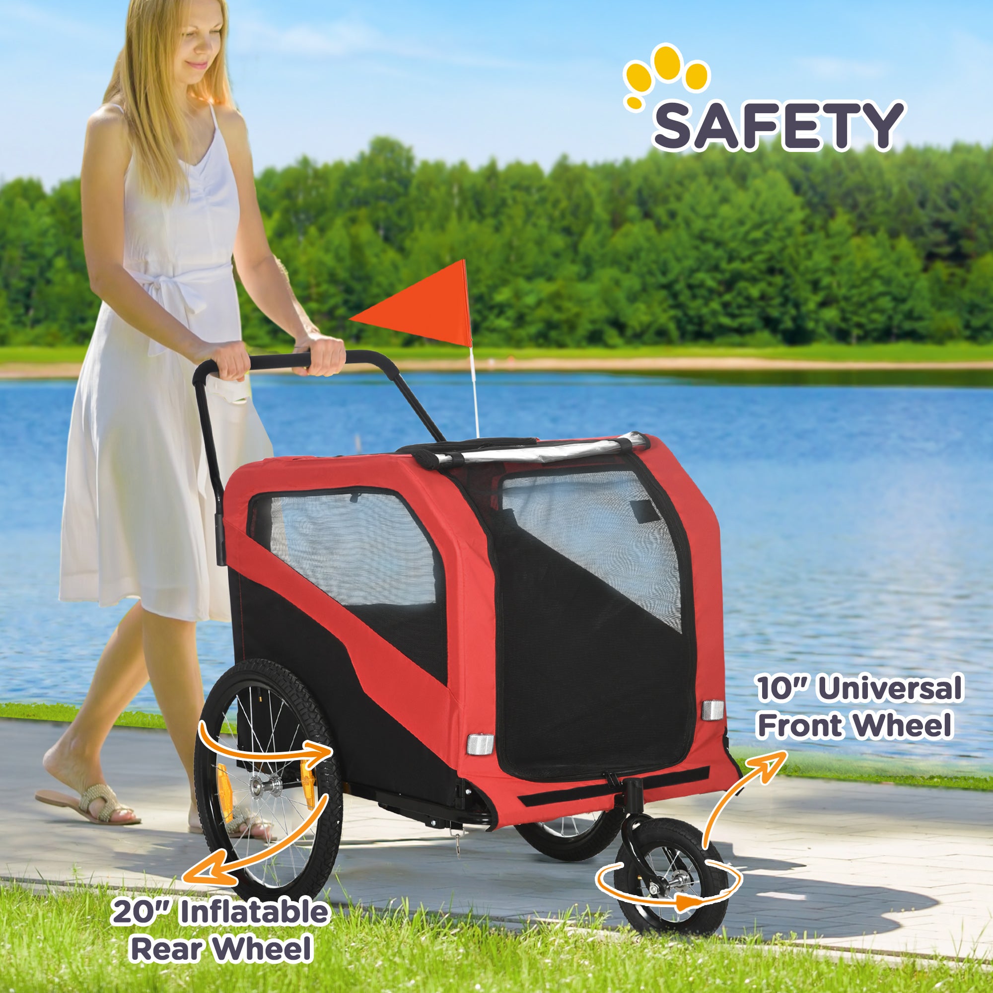 Aosom 2-in-1 Dog Bike Trailer Pet Stroller Carrier for Large Dogs with Hitch, Quick-release Wheels, Foot Support, Pet Bicycle Cart Wagon Cargo for Travel, Red