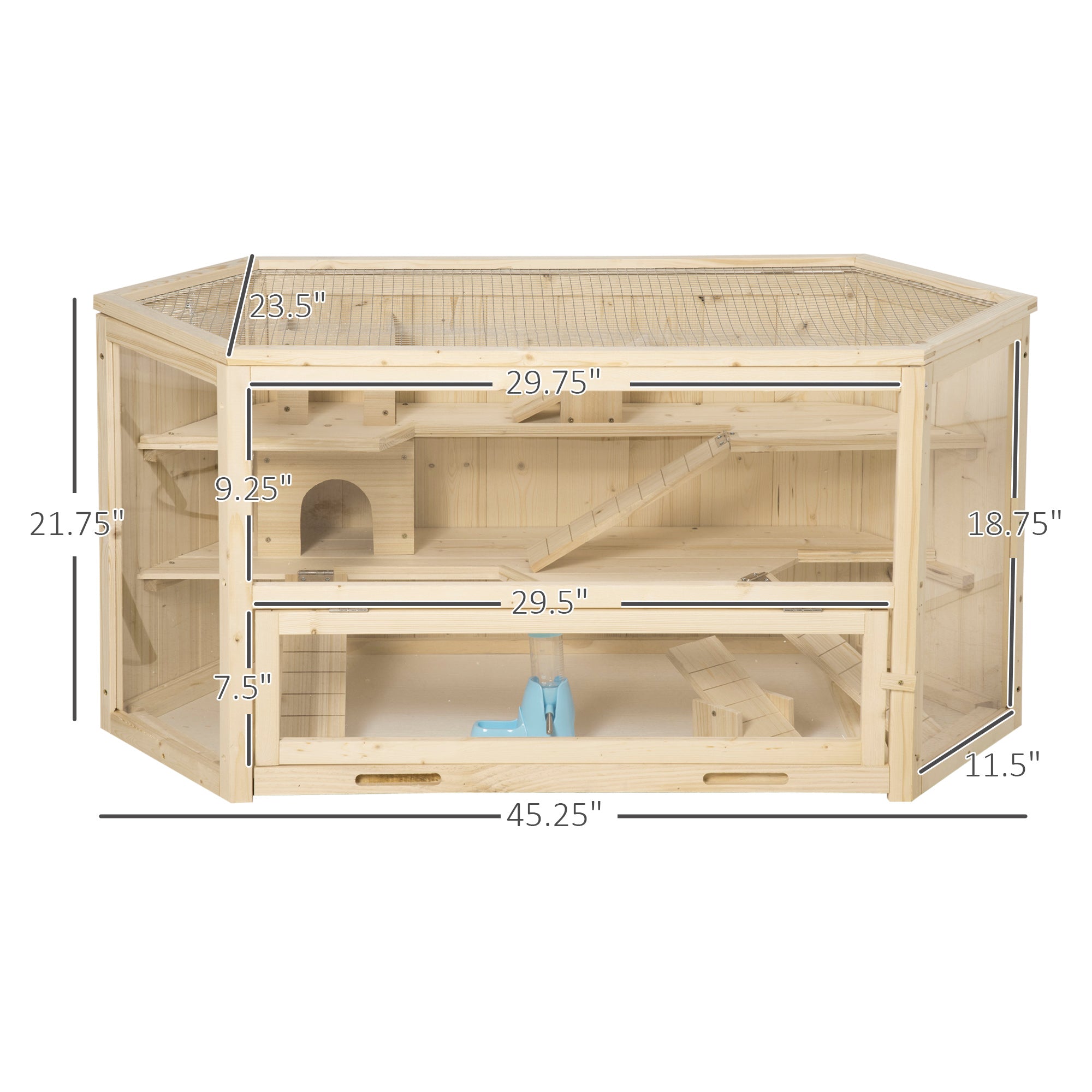 PawHut Wooden Large Hamster Cage Small Animal Exercise Play House 3 Tier with Tray, Seesaws, Water Bottle, Activity Center, Natural