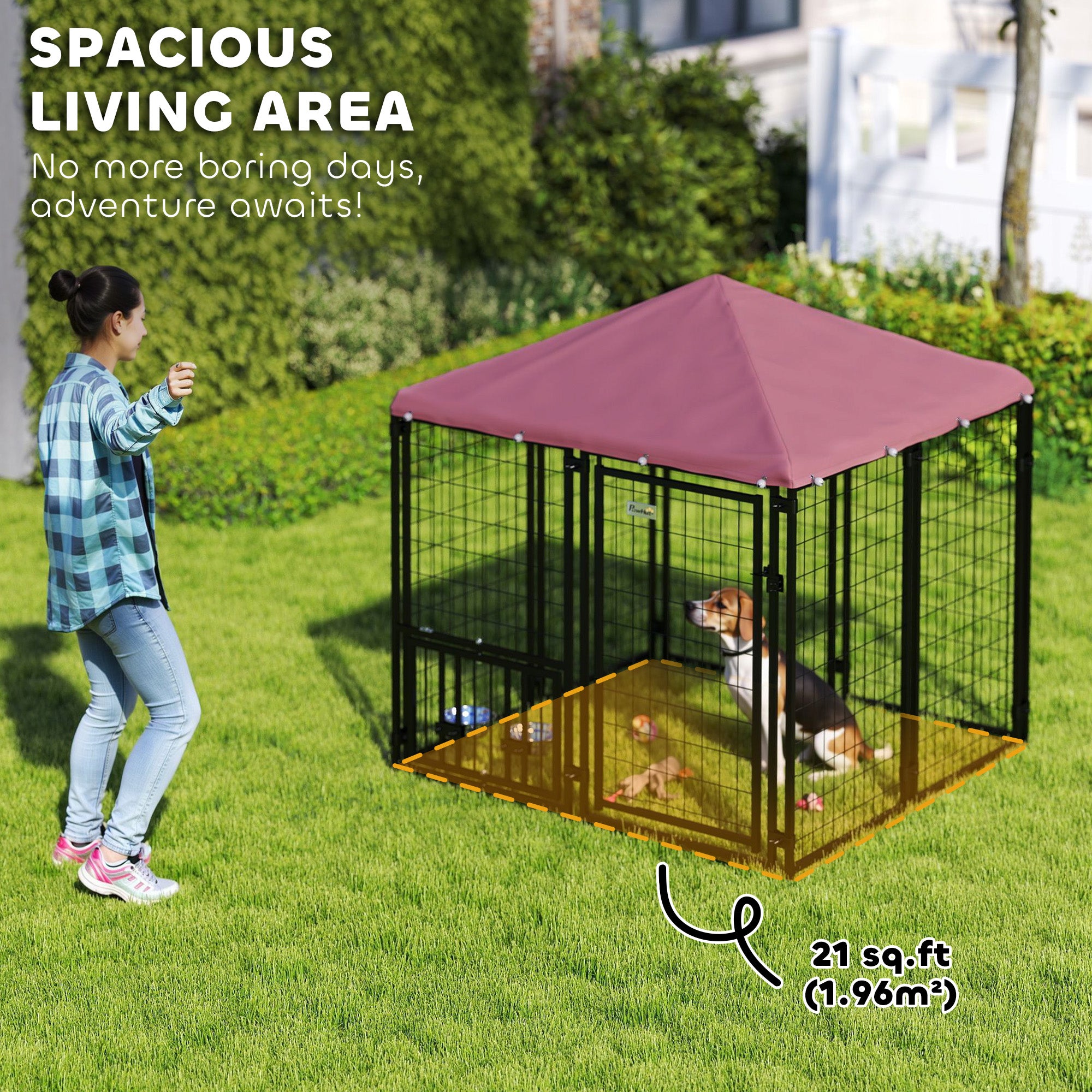 PawHut 4.6' x 4.6' x 5' Outdoor Dog Kennel, Welded Wire Heavy Duty Dog Run with 360° Rotating & 4 Level Adjustable Bowls, Dog Kennel Outside with Waterproof & UV Resistant Cover, for S&M Dogs