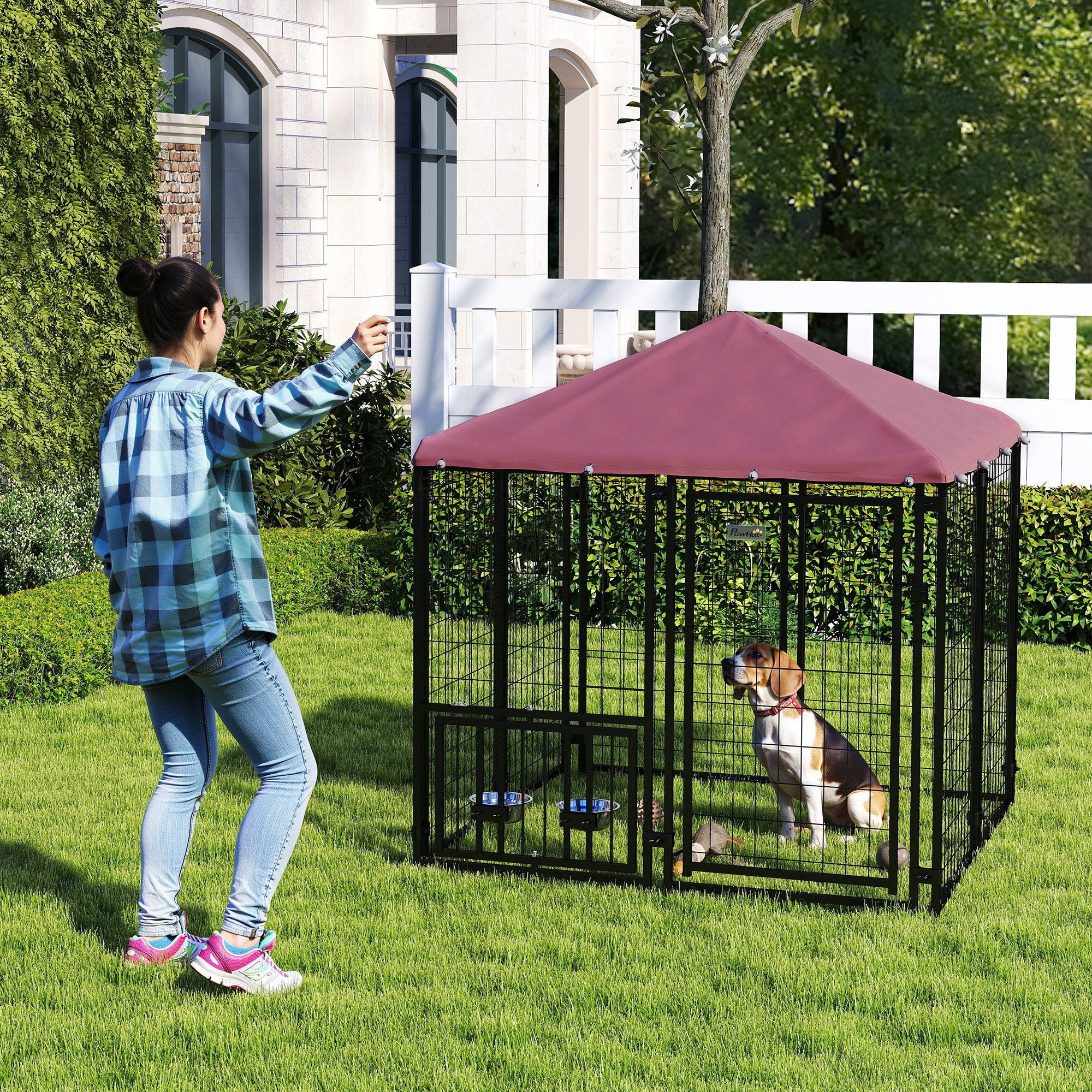PawHut 4.6' x 4.6' x 5' Outdoor Dog Kennel, Welded Wire Heavy Duty Dog Run with 360° Rotating & 4 Level Adjustable Bowls, Dog Kennel Outside with Waterproof & UV Resistant Cover, for S&M Dogs