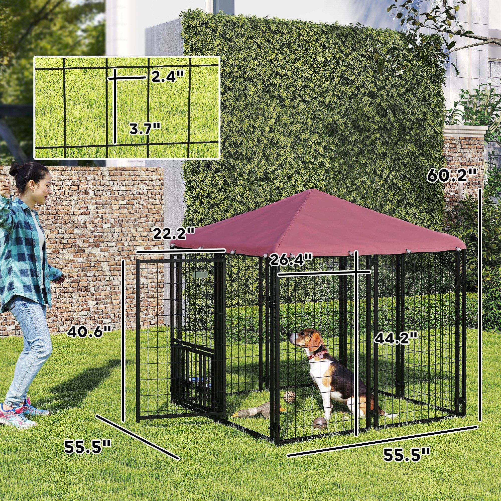 PawHut 4.6' x 4.6' x 5' Outdoor Dog Kennel, Welded Wire Heavy Duty Dog Run with 360° Rotating & 4 Level Adjustable Bowls, Dog Kennel Outside with Waterproof & UV Resistant Cover, for S&M Dogs