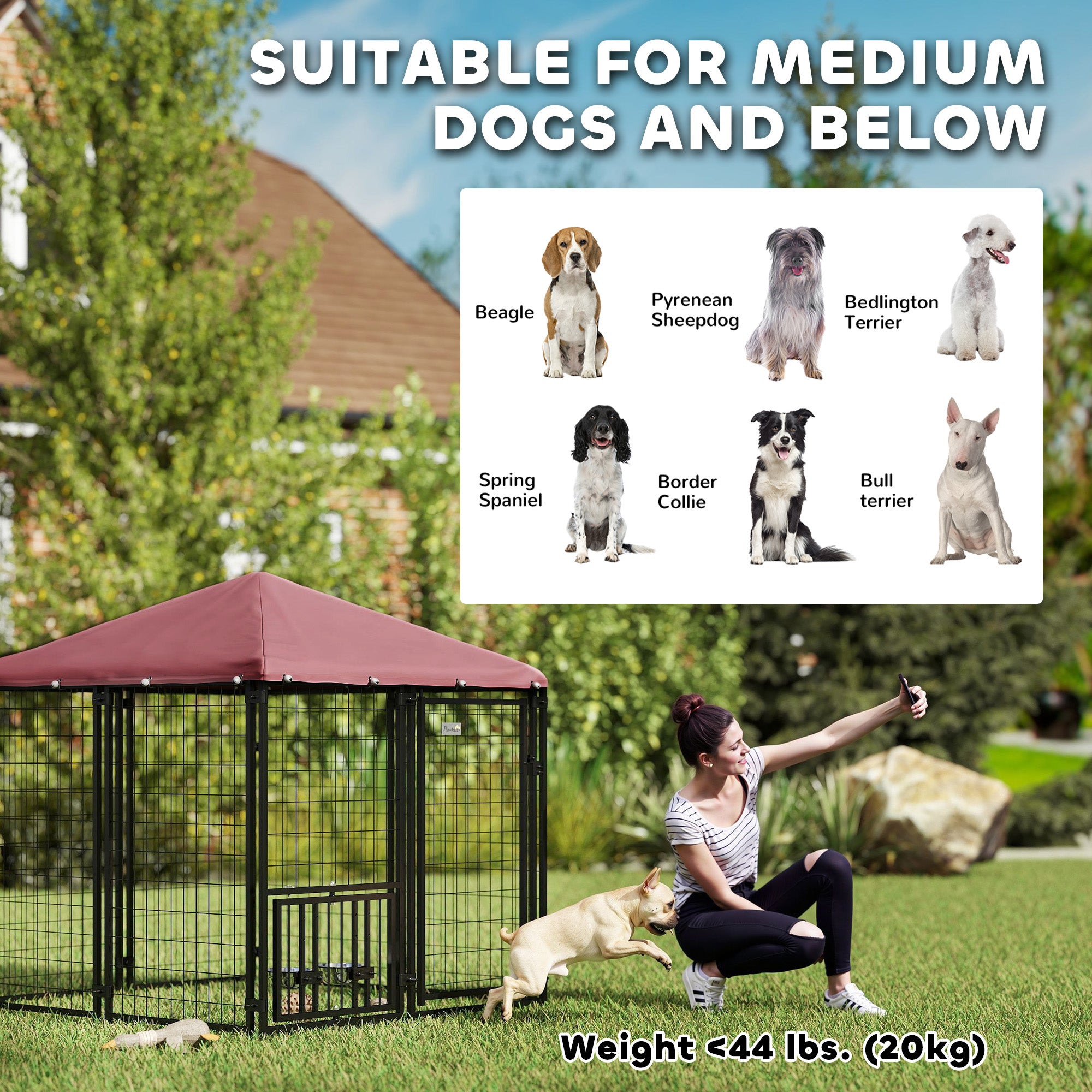 PawHut 4.6' x 4.6' x 5' Outdoor Dog Kennel, Welded Wire Heavy Duty Dog Run with 360° Rotating & 4 Level Adjustable Bowls, Dog Kennel Outside with Waterproof & UV Resistant Cover, for S&M Dogs