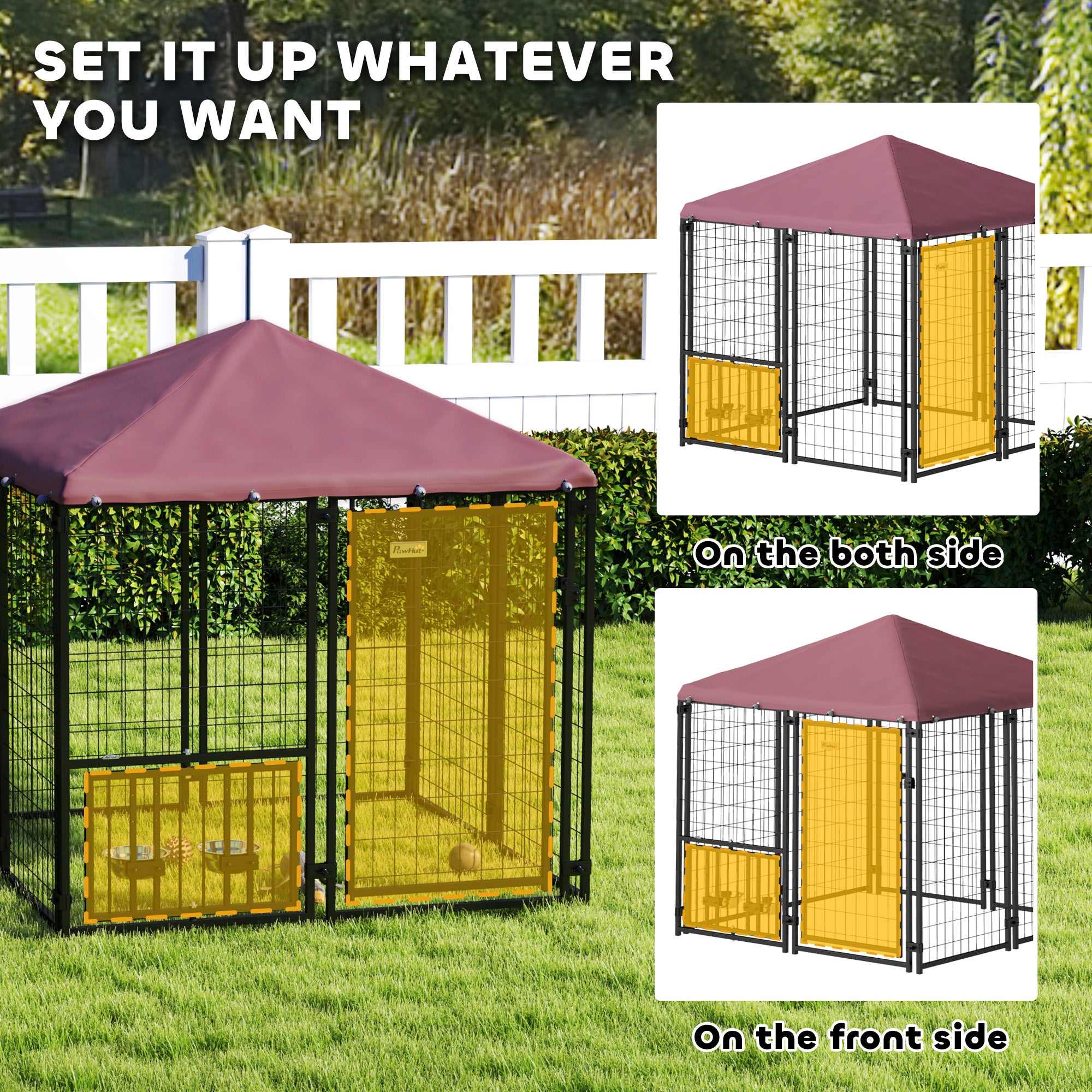 PawHut 4.6' x 4.6' x 5' Outdoor Dog Kennel, Welded Wire Heavy Duty Dog Run with 360° Rotating & 4 Level Adjustable Bowls, Dog Kennel Outside with Waterproof & UV Resistant Cover, for S&M Dogs