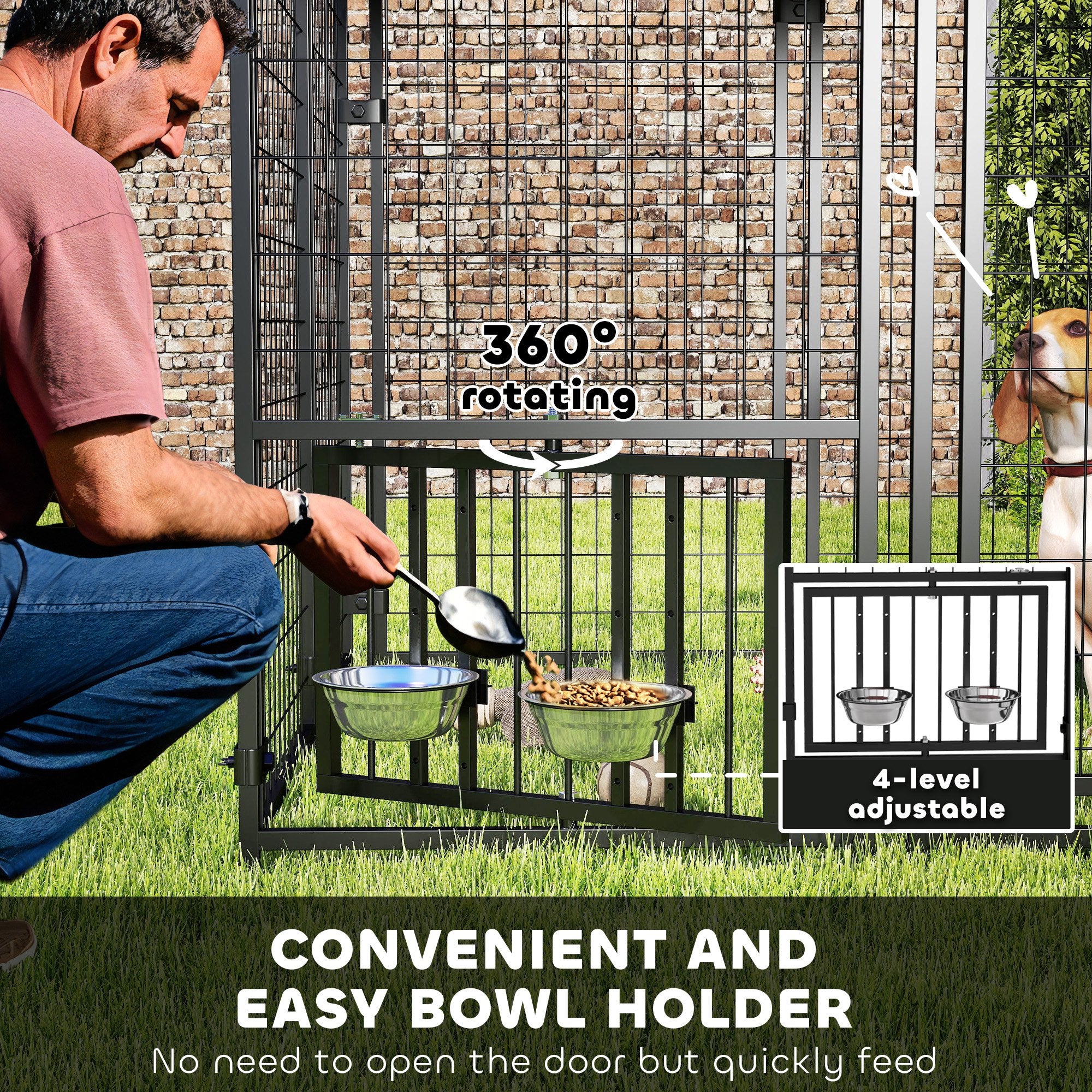 PawHut 4.6' x 4.6' x 5' Outdoor Dog Kennel, Welded Wire Heavy Duty Dog Run with 360° Rotating & 4 Level Adjustable Bowls, Dog Kennel Outside with Waterproof & UV Resistant Cover, for S&M Dogs