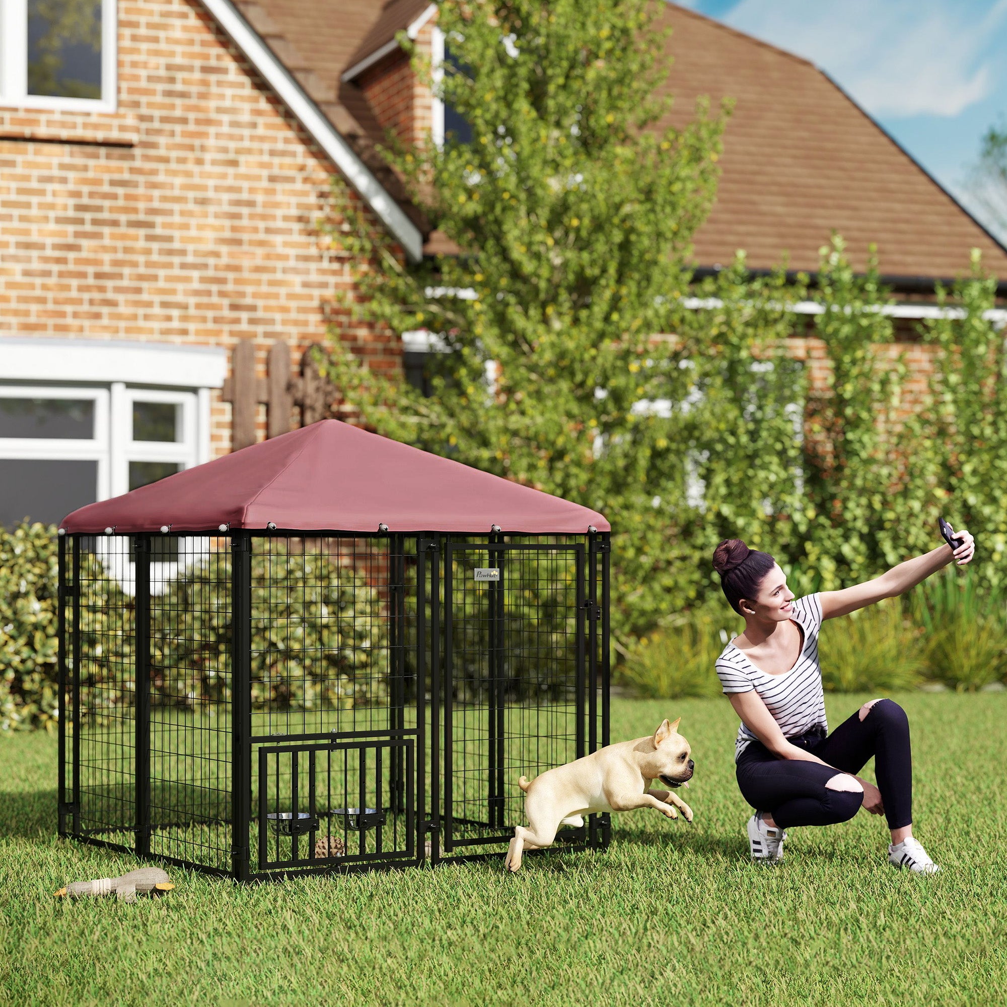 PawHut 4.6' x 4.6' x 5' Outdoor Dog Kennel, Welded Wire Heavy Duty Dog Run with 360° Rotating & 4 Level Adjustable Bowls, Dog Kennel Outside with Waterproof & UV Resistant Cover, for S&M Dogs