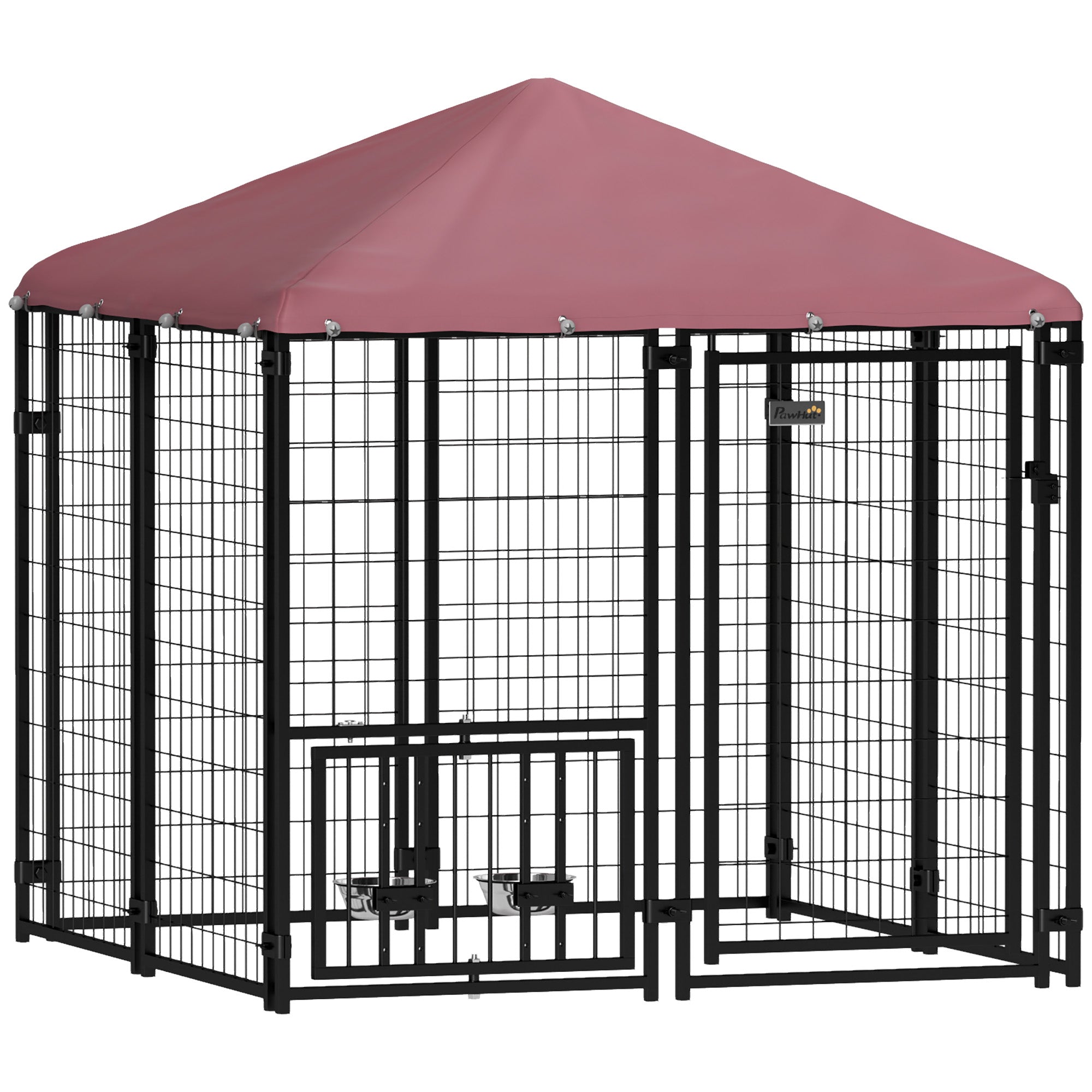PawHut 4.6' x 4.6' x 5' Outdoor Dog Kennel, Welded Wire Heavy Duty Dog Run with 360° Rotating & 4 Level Adjustable Bowls, Dog Kennel Outside with Waterproof & UV Resistant Cover, for S&M Dogs