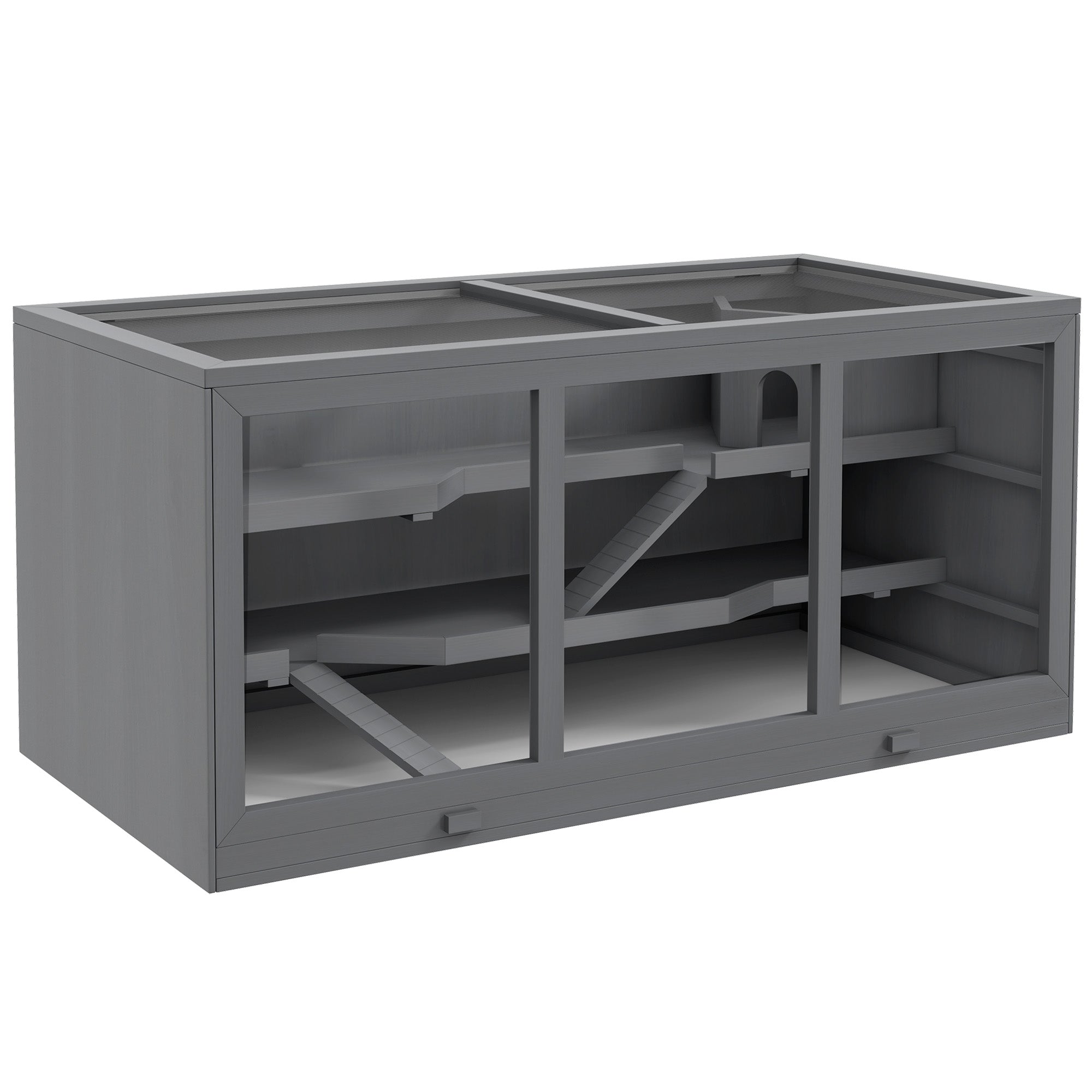 PawHut Extra Large Wooden Hamster Cage, Gerbil Cage, and Other Small Animal Habitat, Hamster Habitat with Opening Roof, Hut, Ramps, Gray