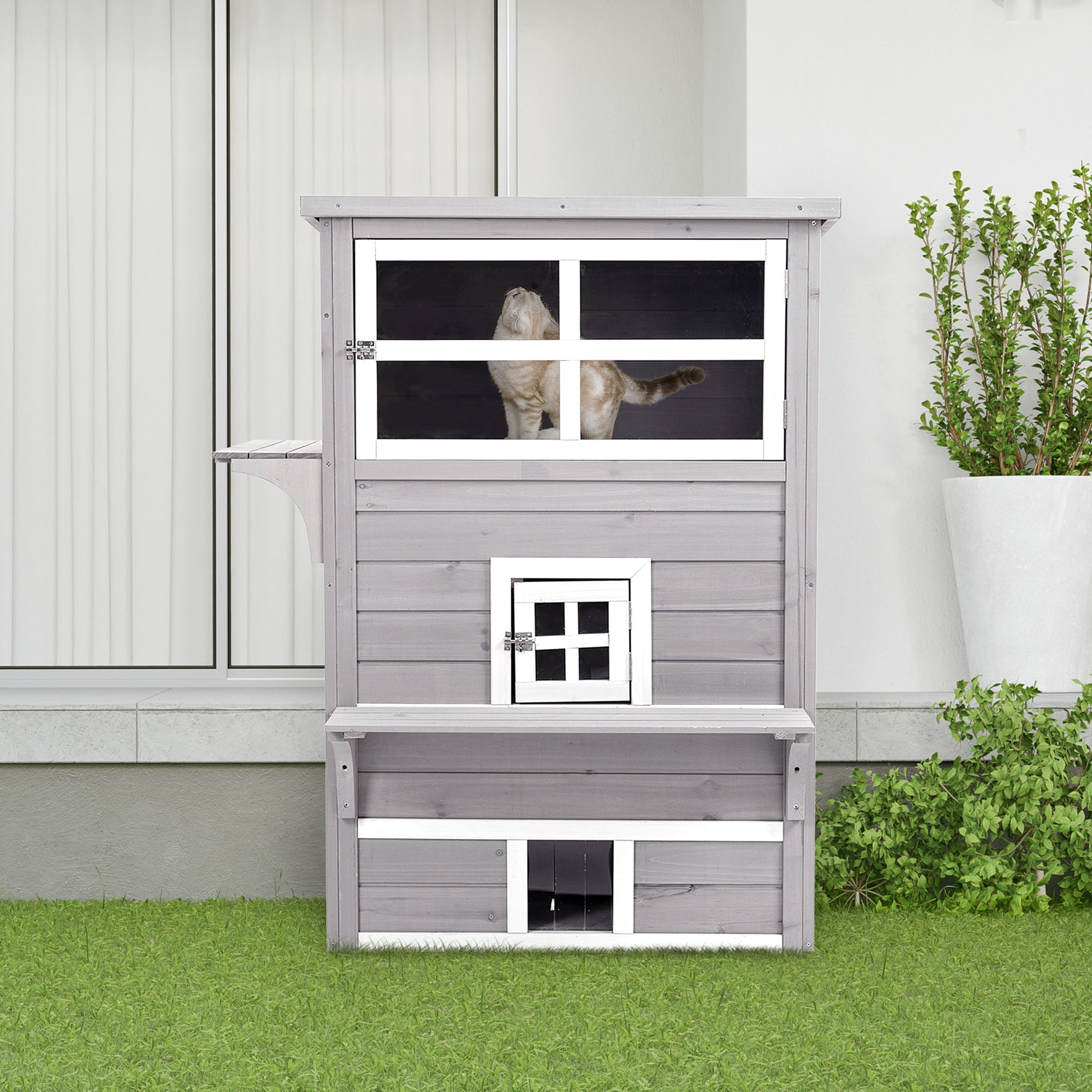 PawHut 3-Story Cat House Feral Cat Shelter, Outdoor Kitten Condo with Raised Floor, Asphalt Roof, Escape Doors, Jumping Platforms, Gray