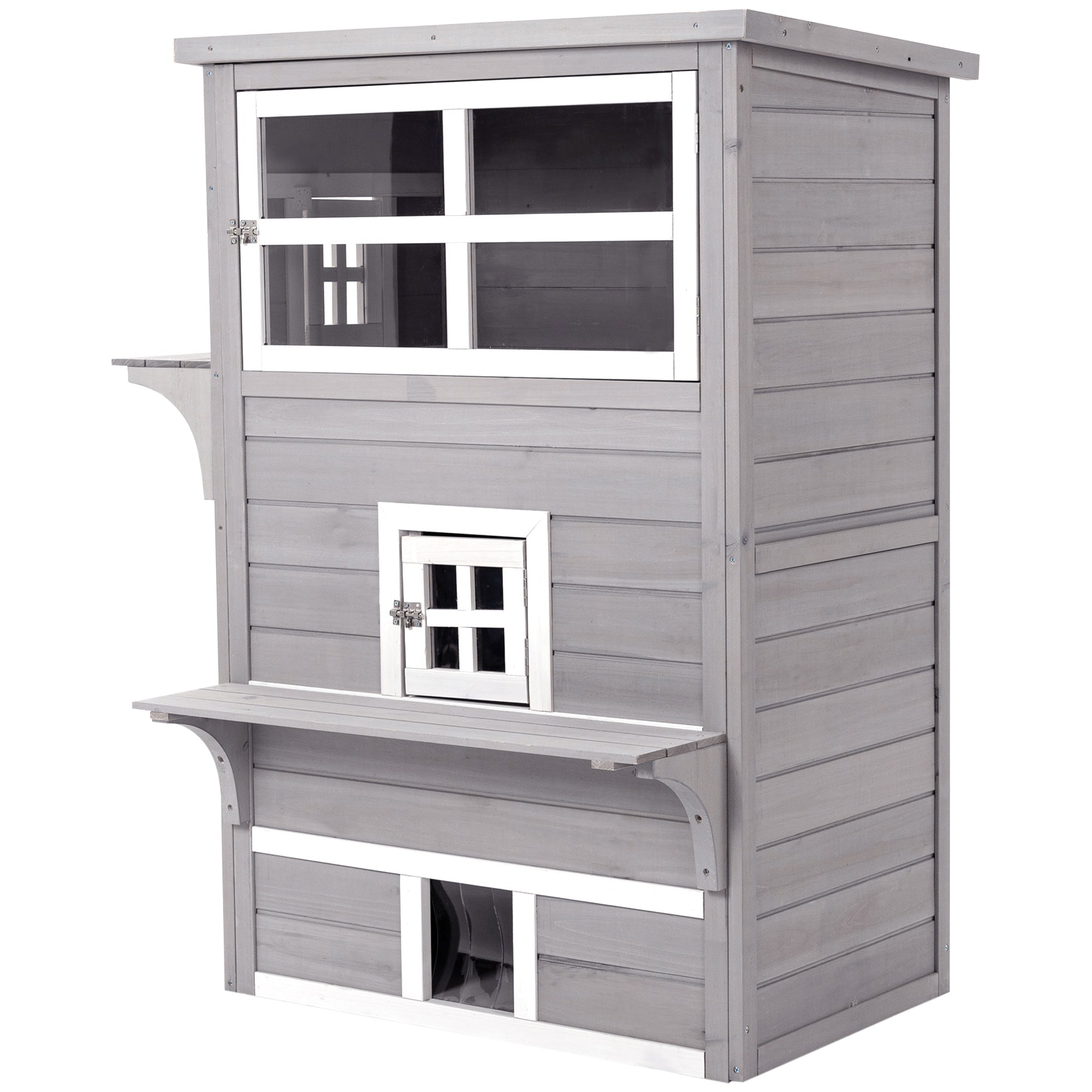 PawHut 3-Story Cat House Feral Cat Shelter, Outdoor Kitten Condo with Raised Floor, Asphalt Roof, Escape Doors, Jumping Platforms, Gray