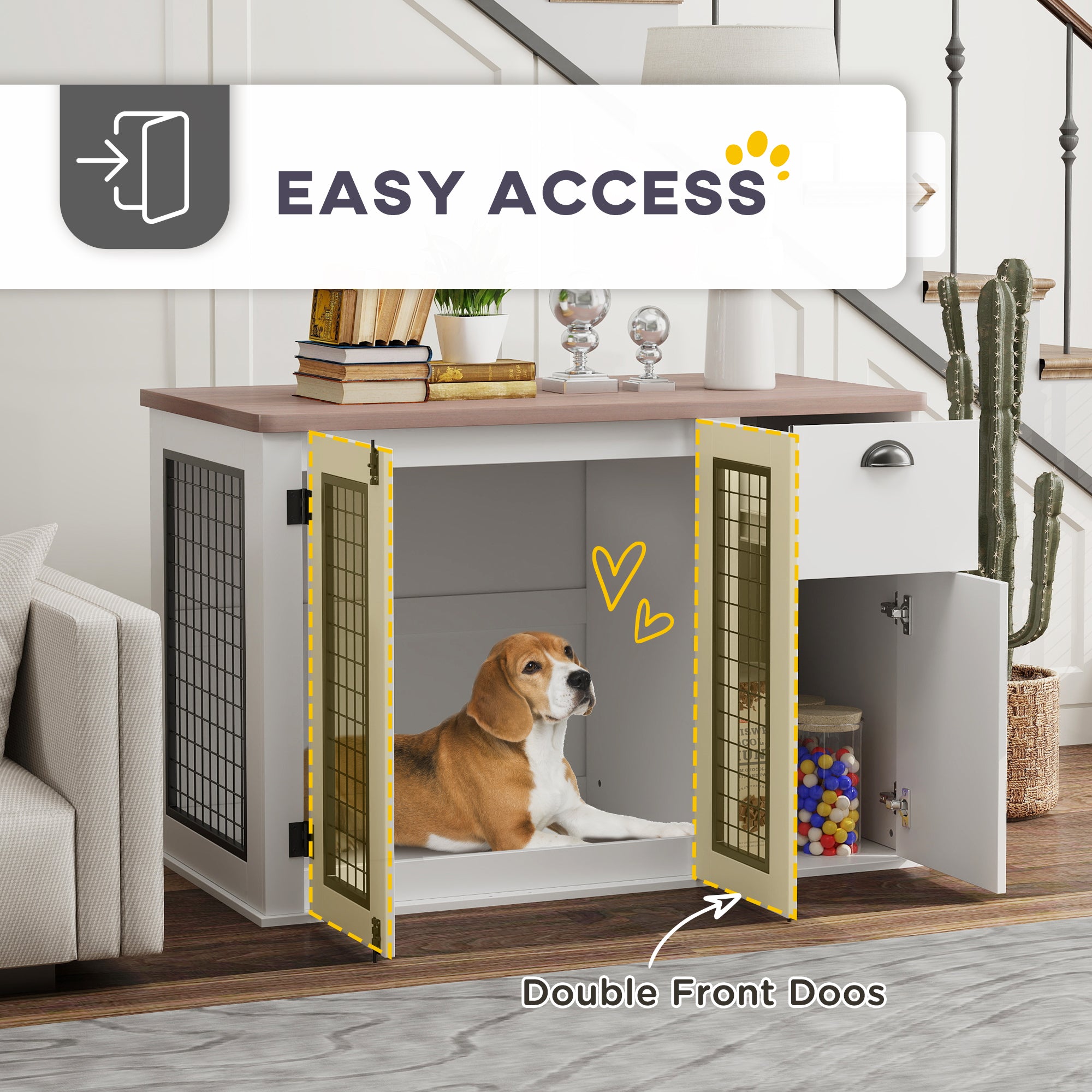 PawHut Dog Crate Furniture, 44" Dog Kennel Furniture End Table with Double Door, Storage, Drawer, Indoor Furniture Style Dog Cage for Medium Dogs, White