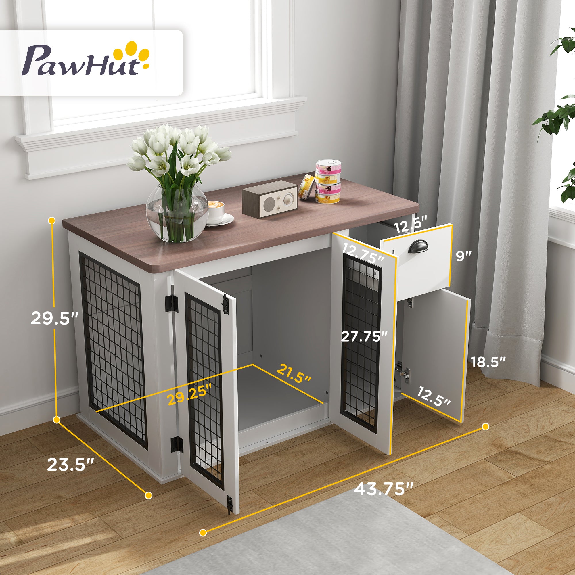 PawHut Dog Crate Furniture, 44" Dog Kennel Furniture End Table with Double Door, Storage, Drawer, Indoor Furniture Style Dog Cage for Medium Dogs, White