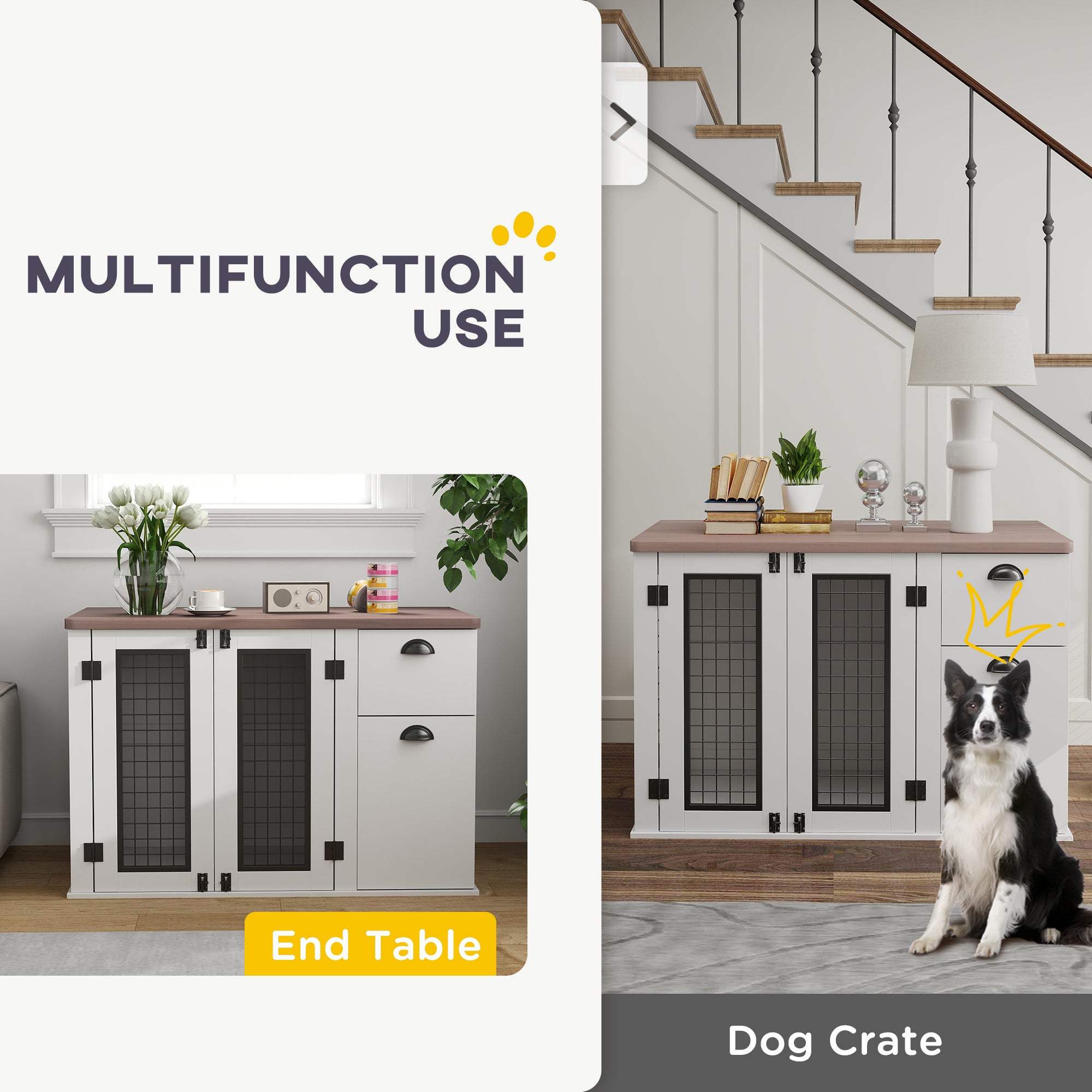 PawHut Dog Crate Furniture, 44" Dog Kennel Furniture End Table with Double Door, Storage, Drawer, Indoor Furniture Style Dog Cage for Medium Dogs, White