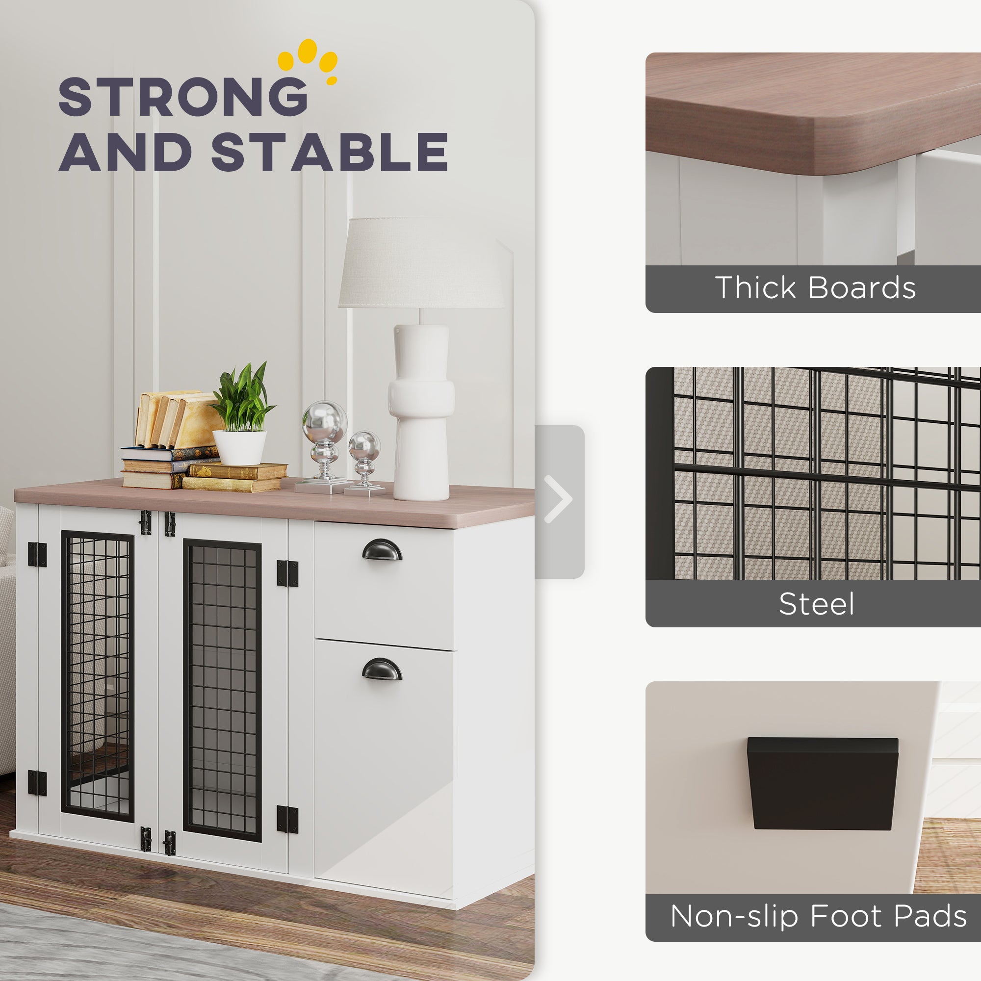 PawHut Dog Crate Furniture, 44" Dog Kennel Furniture End Table with Double Door, Storage, Drawer, Indoor Furniture Style Dog Cage for Medium Dogs, White