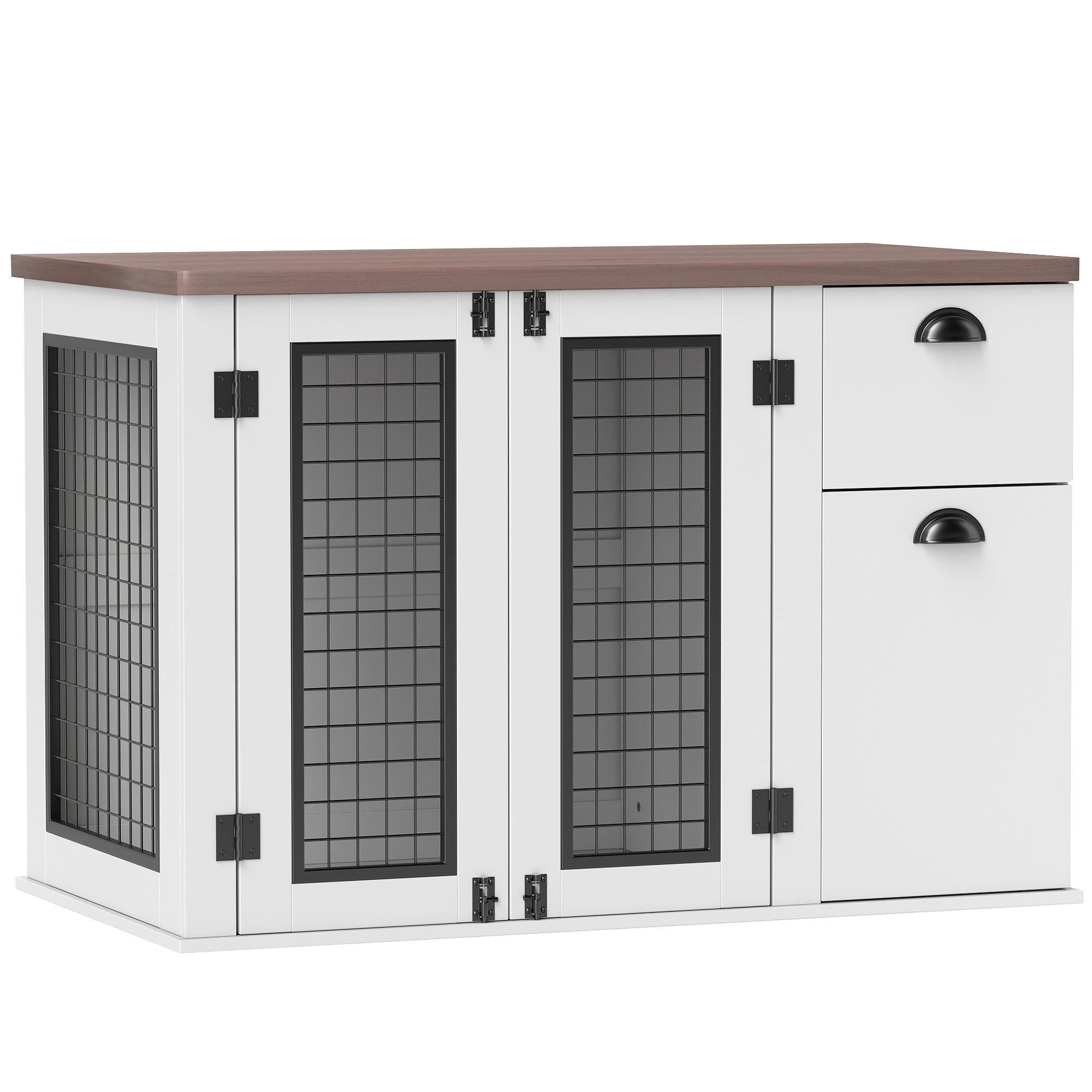 PawHut Dog Crate Furniture, 44" Dog Kennel Furniture End Table with Double Door, Storage, Drawer, Indoor Furniture Style Dog Cage for Medium Dogs, White