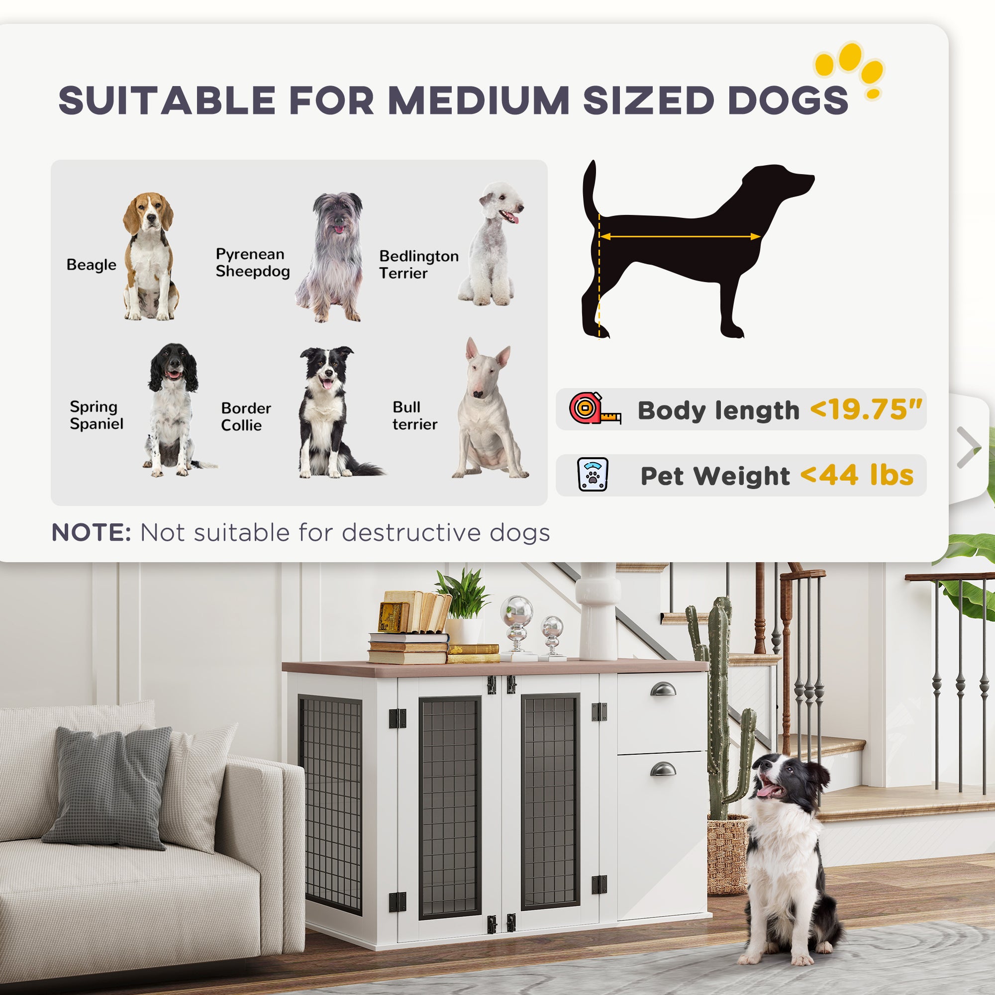 PawHut Dog Crate Furniture, 44" Dog Kennel Furniture End Table with Double Door, Storage, Drawer, Indoor Furniture Style Dog Cage for Medium Dogs, White