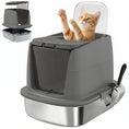 Load image into Gallery viewer, Stainless Steel Litter Box with Lid, Large Hooded Cat Litter Tray with Flip Cover, Metal Scoop, Deodoriser Bag, Non-Sticky, Odour Control and Easy Clean, Dark Grey