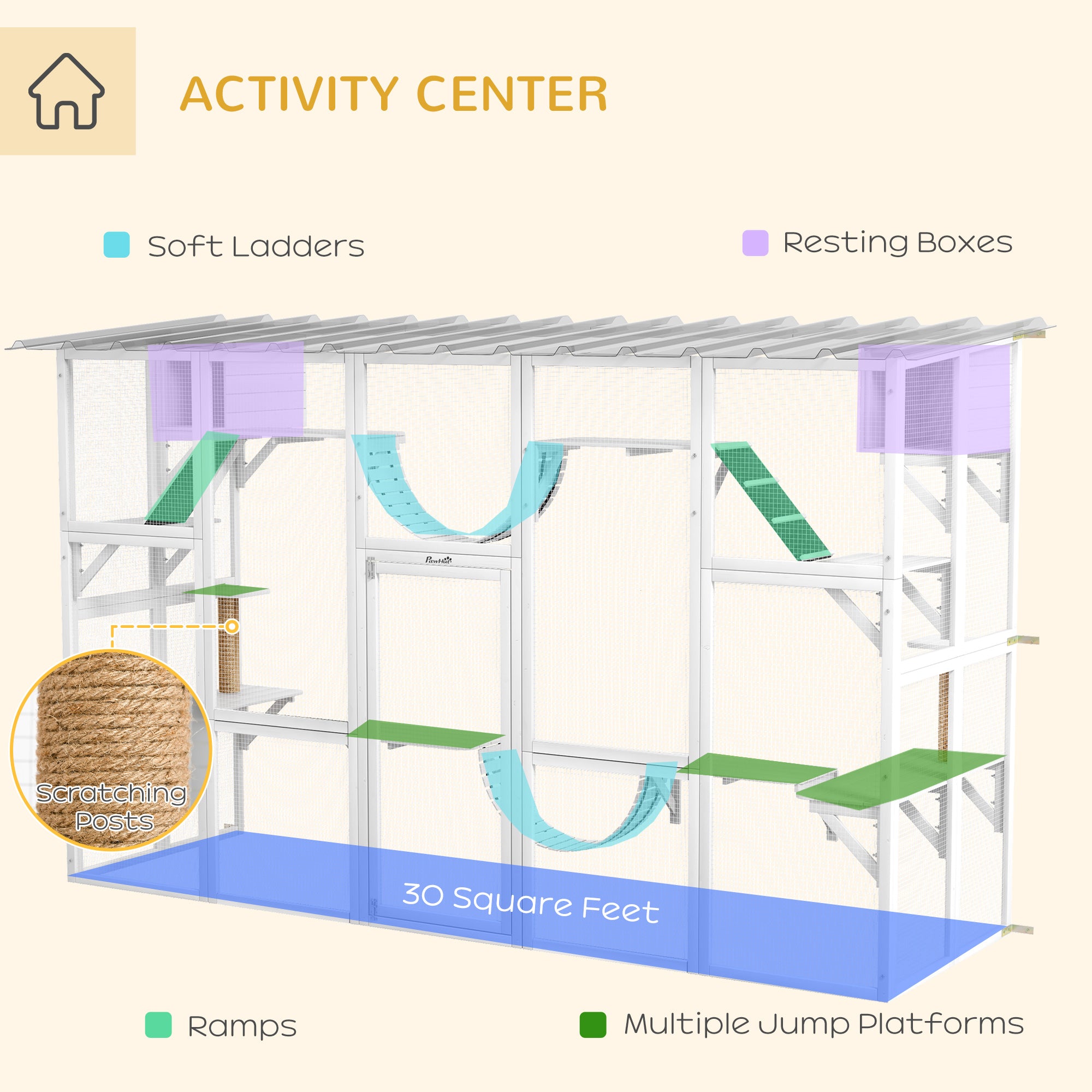 PawHut Catio Playground Cat Window Box Outside Enclosure, Outdoor Cat House with Weather Protection Roof for Multiple Kitties, Wooden Frame, Shelves & Bridges, 118" x 37.5" x 74", White