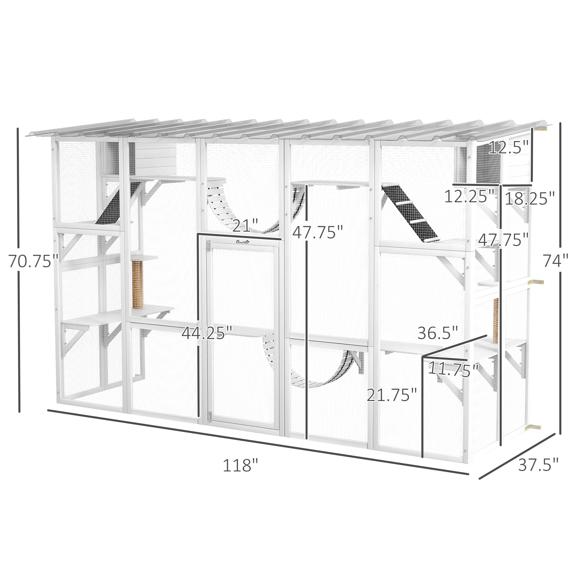 PawHut Catio Playground Cat Window Box Outside Enclosure, Outdoor Cat House with Weather Protection Roof for Multiple Kitties, Wooden Frame, Shelves & Bridges, 118" x 37.5" x 74", White