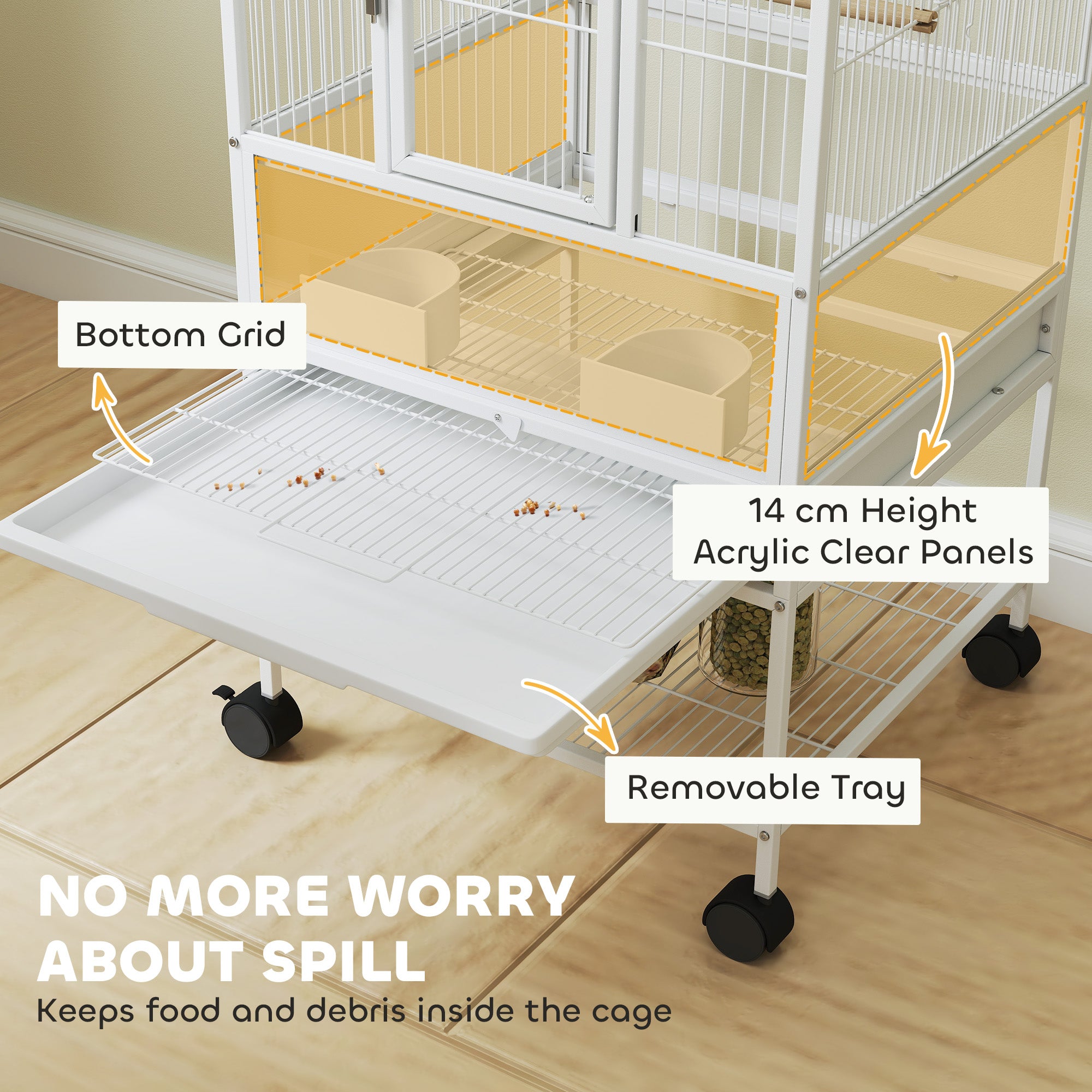 Bird Cage, Metal Parrot Cage with Rolling Stand Wheels, Acrylic Viewing Panels, Storage Shelf, Slide-out Tray, Perches, Feeders, for Budgie, Parakeet, Canary, Finch, White, 48 x 46 x 83 cm