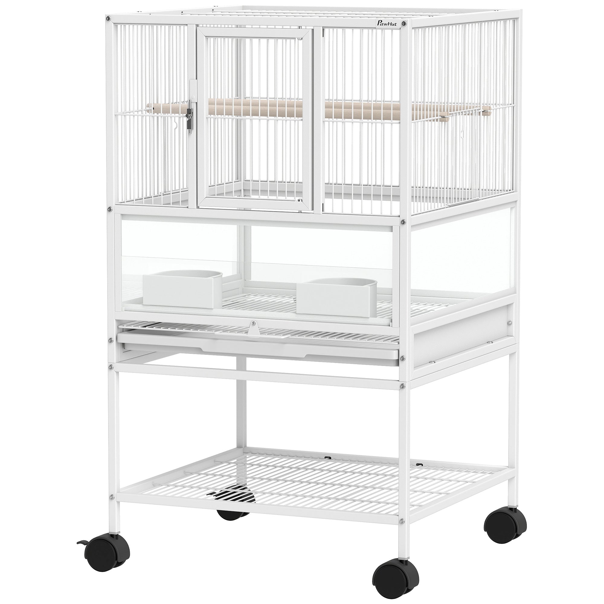 Bird Cage, Metal Parrot Cage with Rolling Stand Wheels, Acrylic Viewing Panels, Storage Shelf, Slide-out Tray, Perches, Feeders, for Budgie, Parakeet, Canary, Finch, White, 48 x 46 x 83 cm