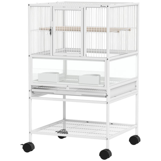 Bird Cage, Metal Parrot Cage with Rolling Stand Wheels, Acrylic Viewing Panels, Storage Shelf, Slide-out Tray, Perches, Feeders, for Budgie, Parakeet, Canary, Finch, White, 48 x 46 x 83 cm