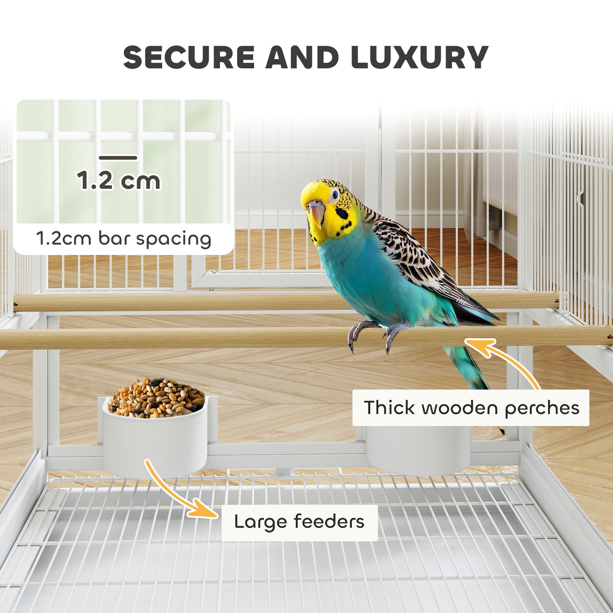 Bird Cage, Metal Parrot Cage with Rolling Stand Wheels, Acrylic Viewing Panels, Storage Shelf, Slide-out Tray, Perches, Feeders, for Budgie, Parakeet, Canary, Finch, White, 48 x 46 x 83 cm