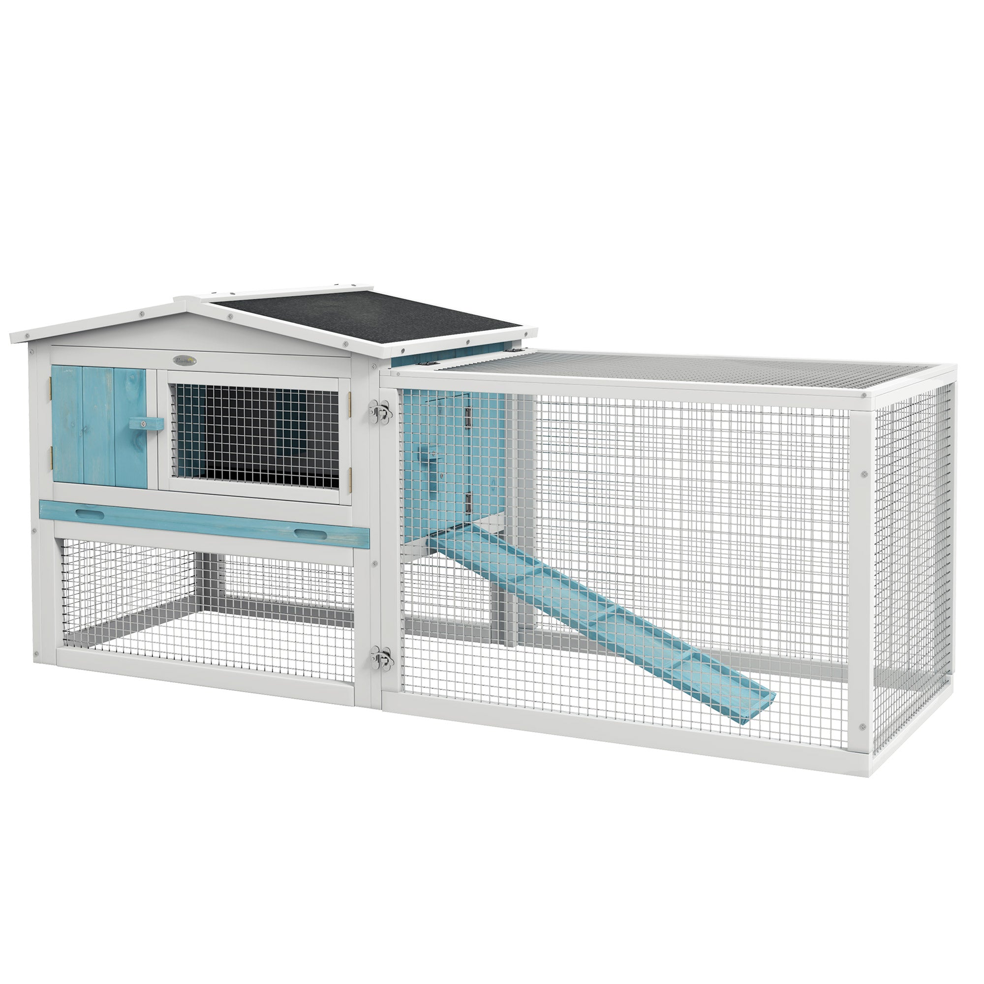 Pawhut Light Blue 2-Story Rabbit Hutch with Slide-Out Tray,