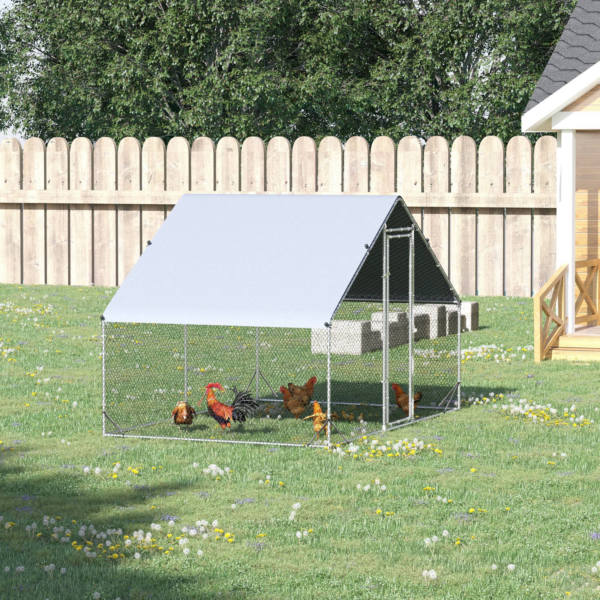 PawHut Large Chicken Coop Metal Chicken Run with Waterproof and Anti-UV Cover, Spire Shaped Walk in Fence Cage Hen House for Outdoor and Yard Farm Use, 1" Tube Diameter, 9.8' x 6.6' x 6.6'