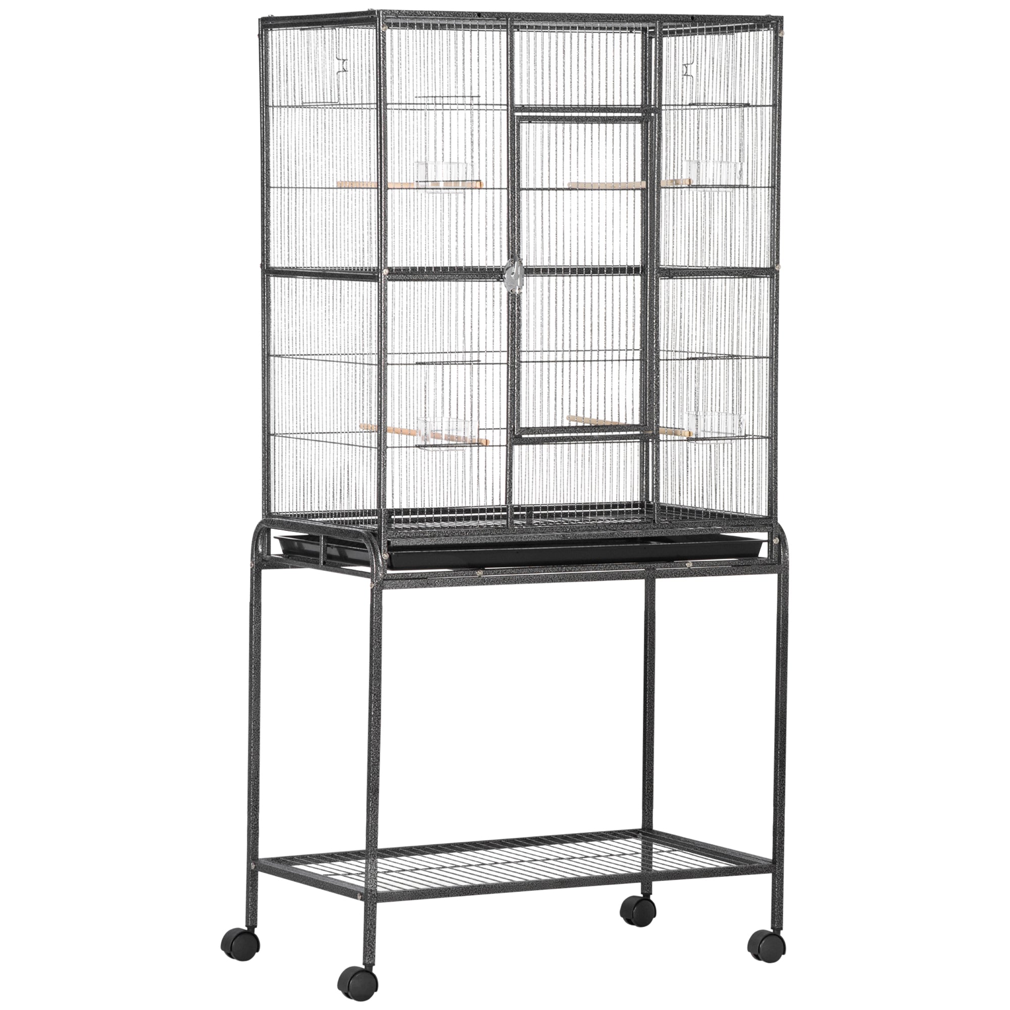 64" Large Bird Cage, Rolling Metal Parrot Cage, Bird House with Detachable Rolling Stand, Storage Shelf, Wood Perch, Food Container, 30.25" x 18.5" x 64"