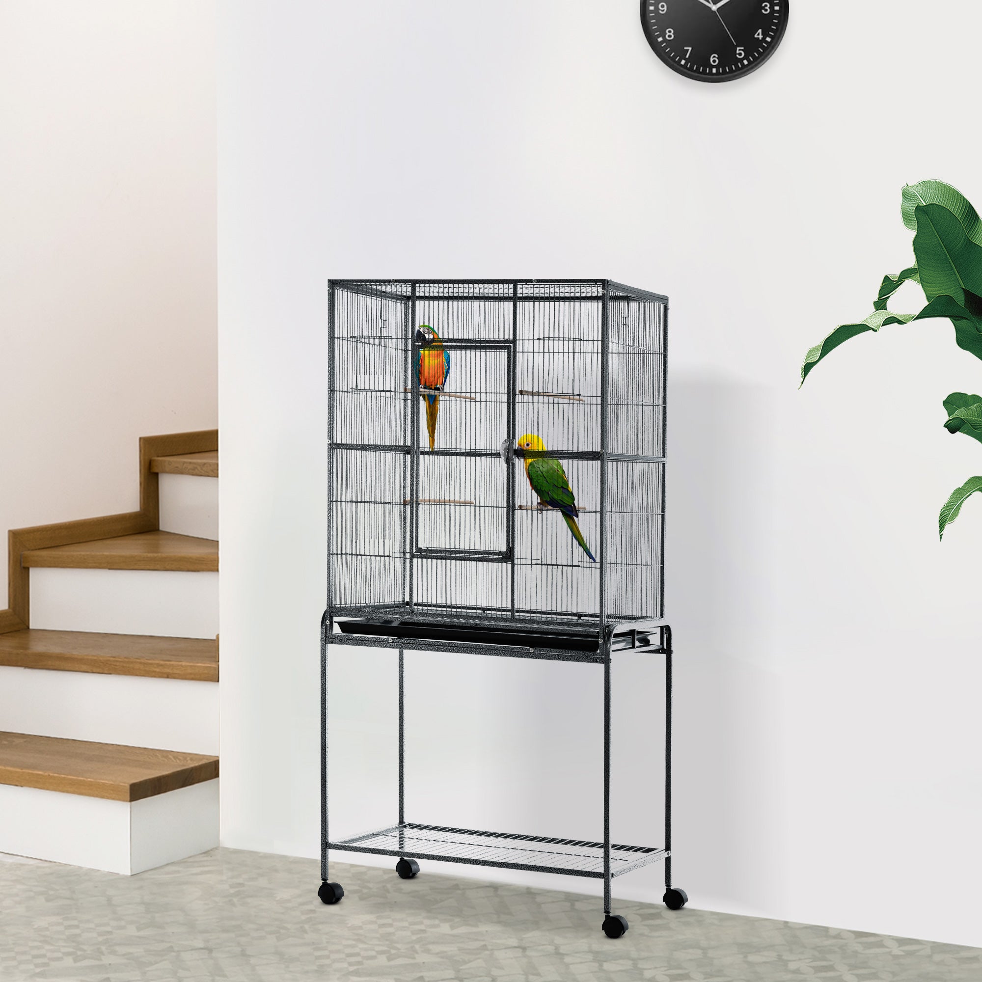64" Large Bird Cage, Rolling Metal Parrot Cage, Bird House with Detachable Rolling Stand, Storage Shelf, Wood Perch, Food Container, 30.25" x 18.5" x 64"