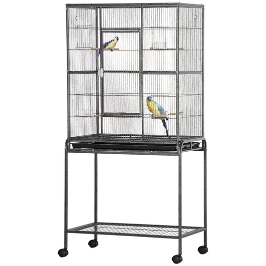 64" Large Bird Cage, Rolling Metal Parrot Cage, Bird House with Detachable Rolling Stand, Storage Shelf, Wood Perch, Food Container, 30.25" x 18.5" x 64"