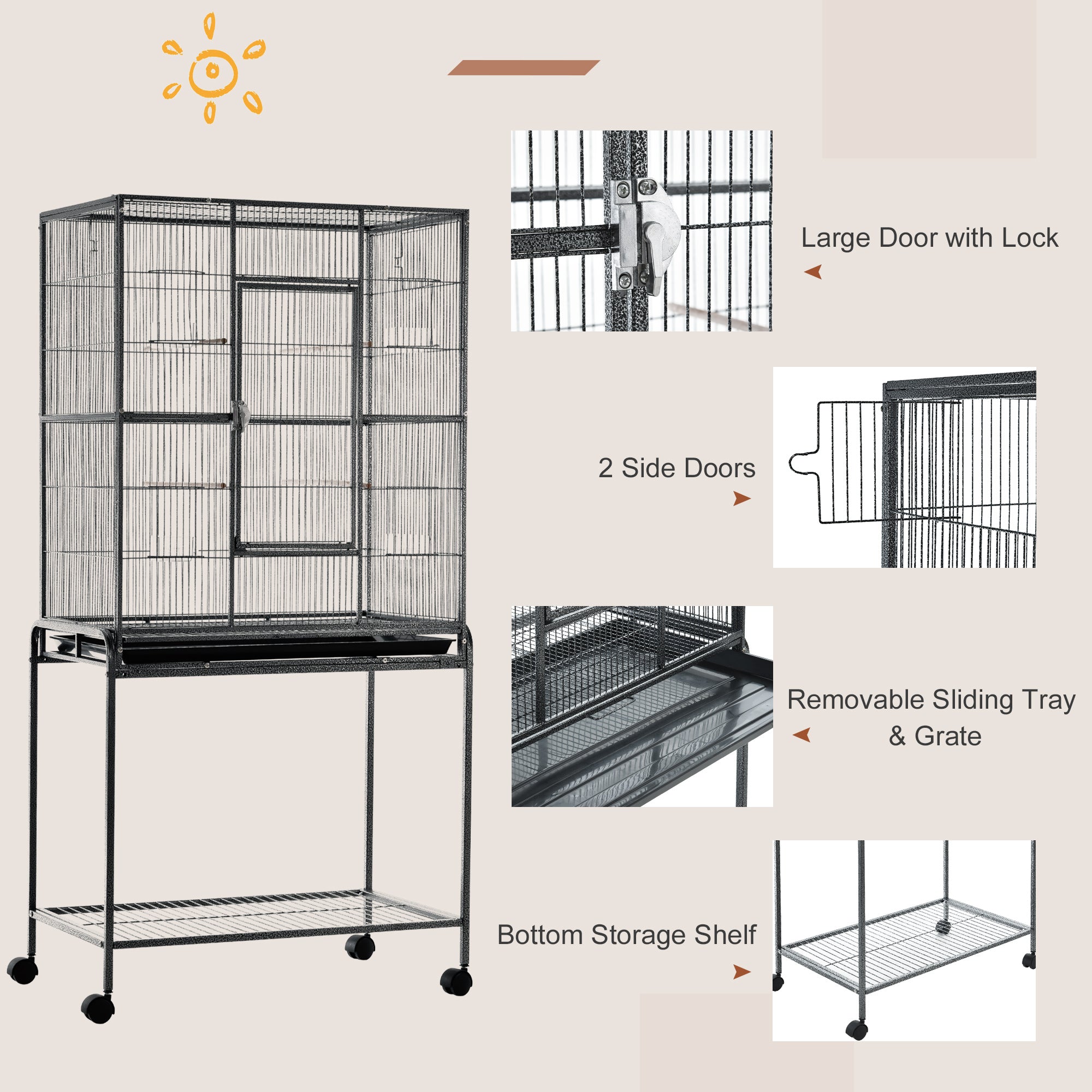 64" Large Bird Cage, Rolling Metal Parrot Cage, Bird House with Detachable Rolling Stand, Storage Shelf, Wood Perch, Food Container, 30.25" x 18.5" x 64"