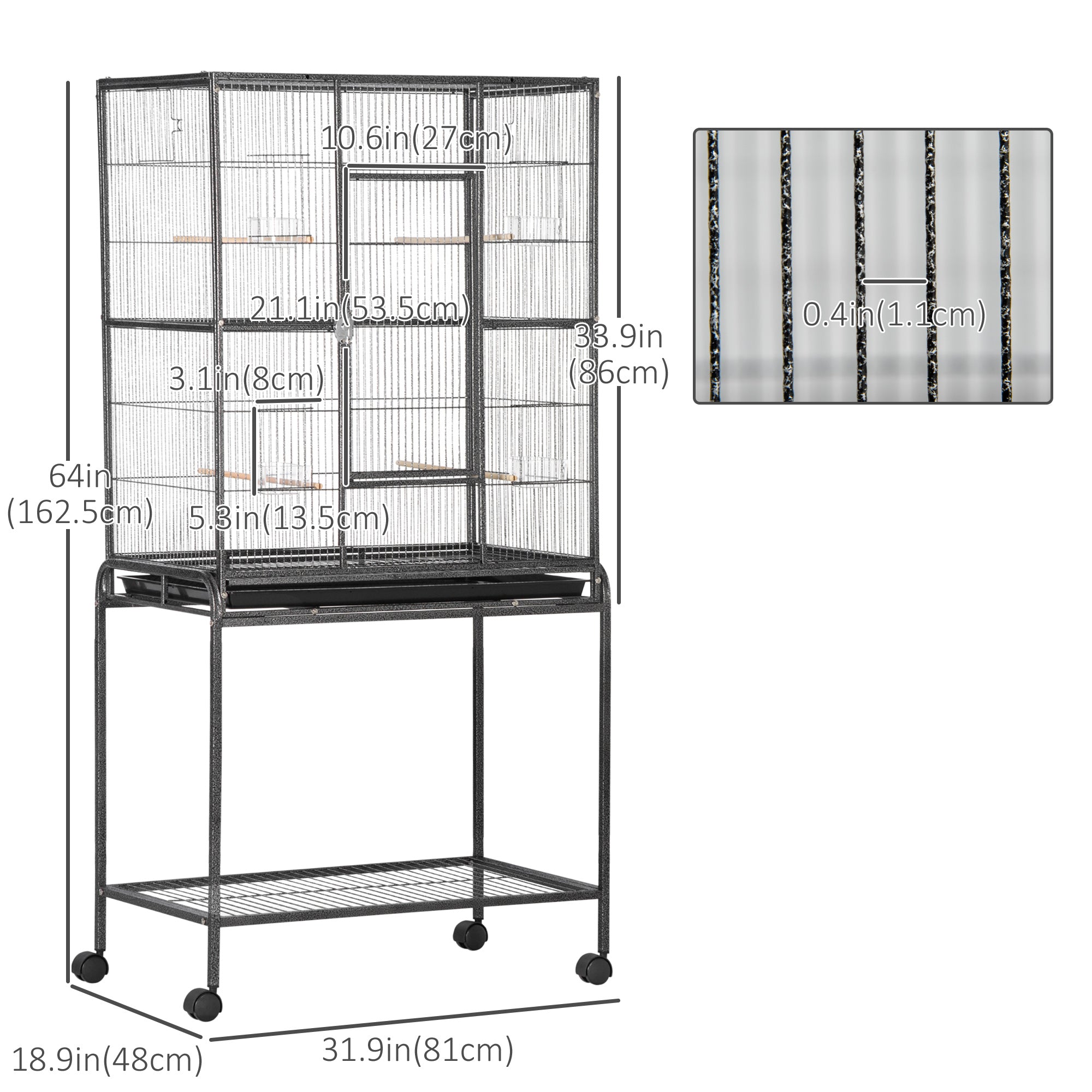 64" Large Bird Cage, Rolling Metal Parrot Cage, Bird House with Detachable Rolling Stand, Storage Shelf, Wood Perch, Food Container, 30.25" x 18.5" x 64"