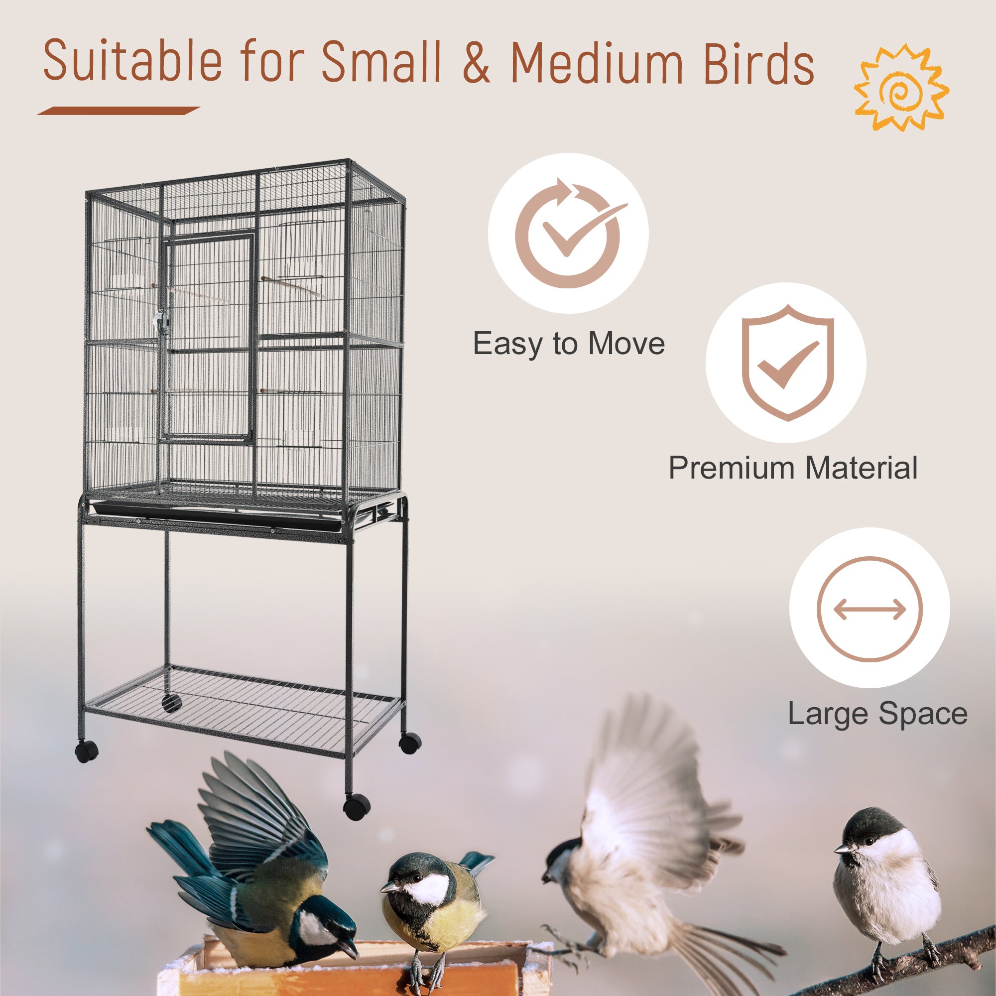64" Large Bird Cage, Rolling Metal Parrot Cage, Bird House with Detachable Rolling Stand, Storage Shelf, Wood Perch, Food Container, 30.25" x 18.5" x 64"
