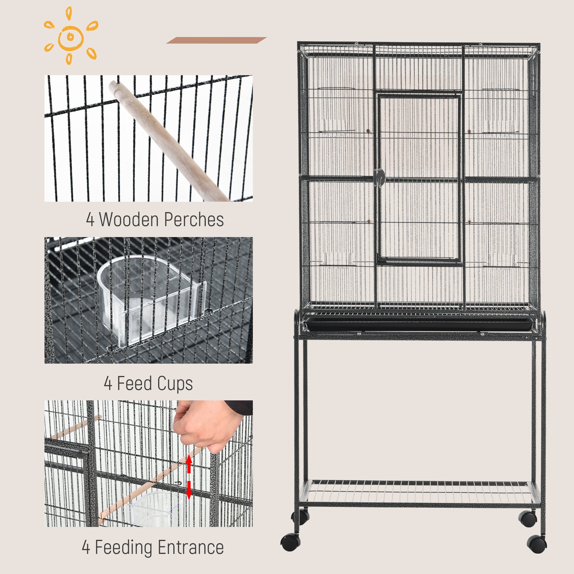 64" Large Bird Cage, Rolling Metal Parrot Cage, Bird House with Detachable Rolling Stand, Storage Shelf, Wood Perch, Food Container, 30.25" x 18.5" x 64"