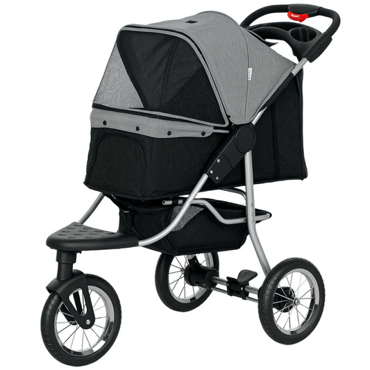 Luxury Pet Stroller Lightweight Dog Cat Travel Carriage with 3-Rubber Wheels, One-click Folding Design, Adjustable Canopy, Zippered Mesh Window Door, Grey