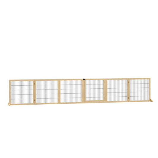 PawHut Wooden Dog Gate, 170" Freestanding Pet Gate, 6-Panel Foldable Dog Safety Barrier with 2 Support Feet for House Doorway Stairs, Small and Medium Dogs, Natural Wood