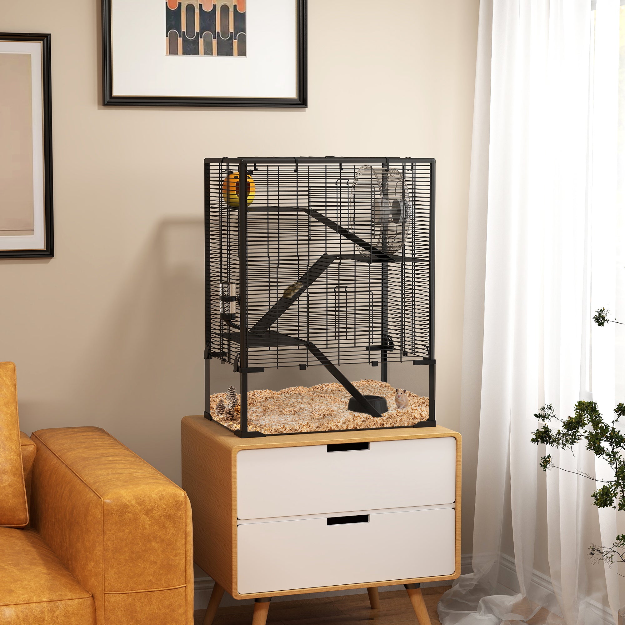 PawHut Large Hamster Cage with Deep Tempered Glass Bottom, 4 Tiers Hamster Tank with Running Wheel, Hut, Water Bottle, Dish, Rat Cage for Syrian, Dwarf, Gerbils, Mouse, 24" x 16" x 31.5", Black