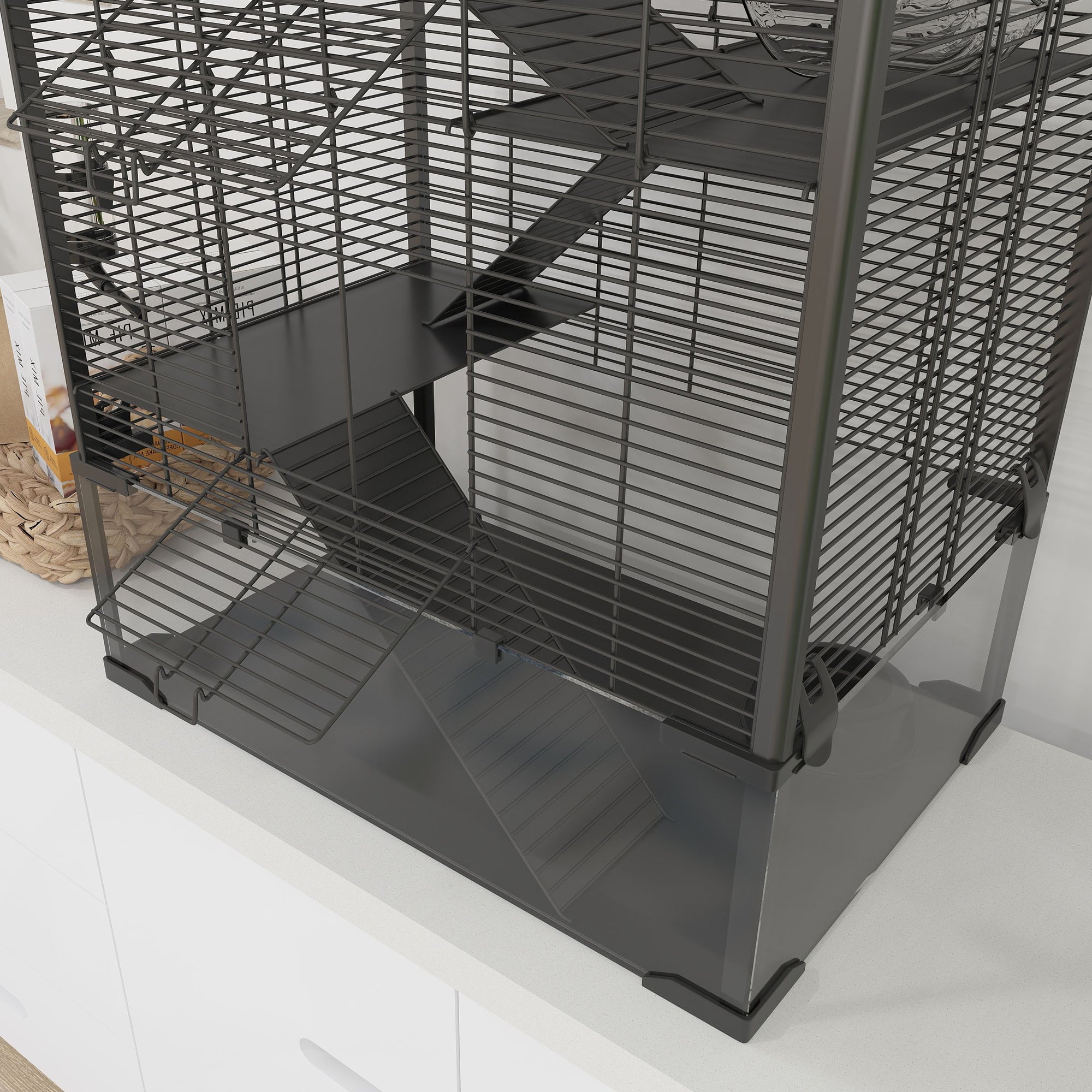 PawHut Large Hamster Cage with Deep Tempered Glass Bottom, 4 Tiers Hamster Tank with Running Wheel, Hut, Water Bottle, Dish, Rat Cage for Syrian, Dwarf, Gerbils, Mouse, 24" x 16" x 31.5", Black