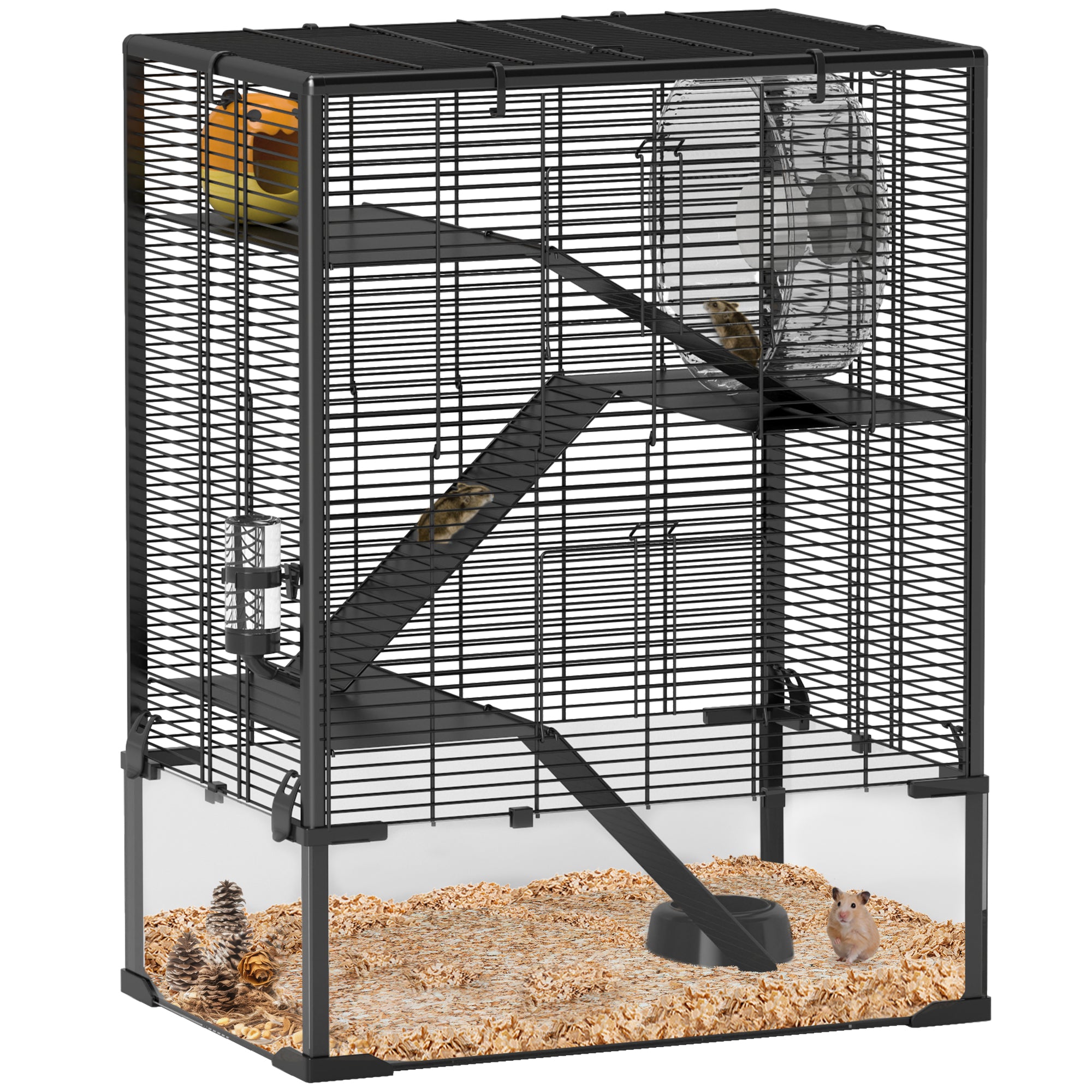 PawHut Large Hamster Cage with Deep Tempered Glass Bottom, 4 Tiers Hamster Tank with Running Wheel, Hut, Water Bottle, Dish, Rat Cage for Syrian, Dwarf, Gerbils, Mouse, 24" x 16" x 31.5", Black