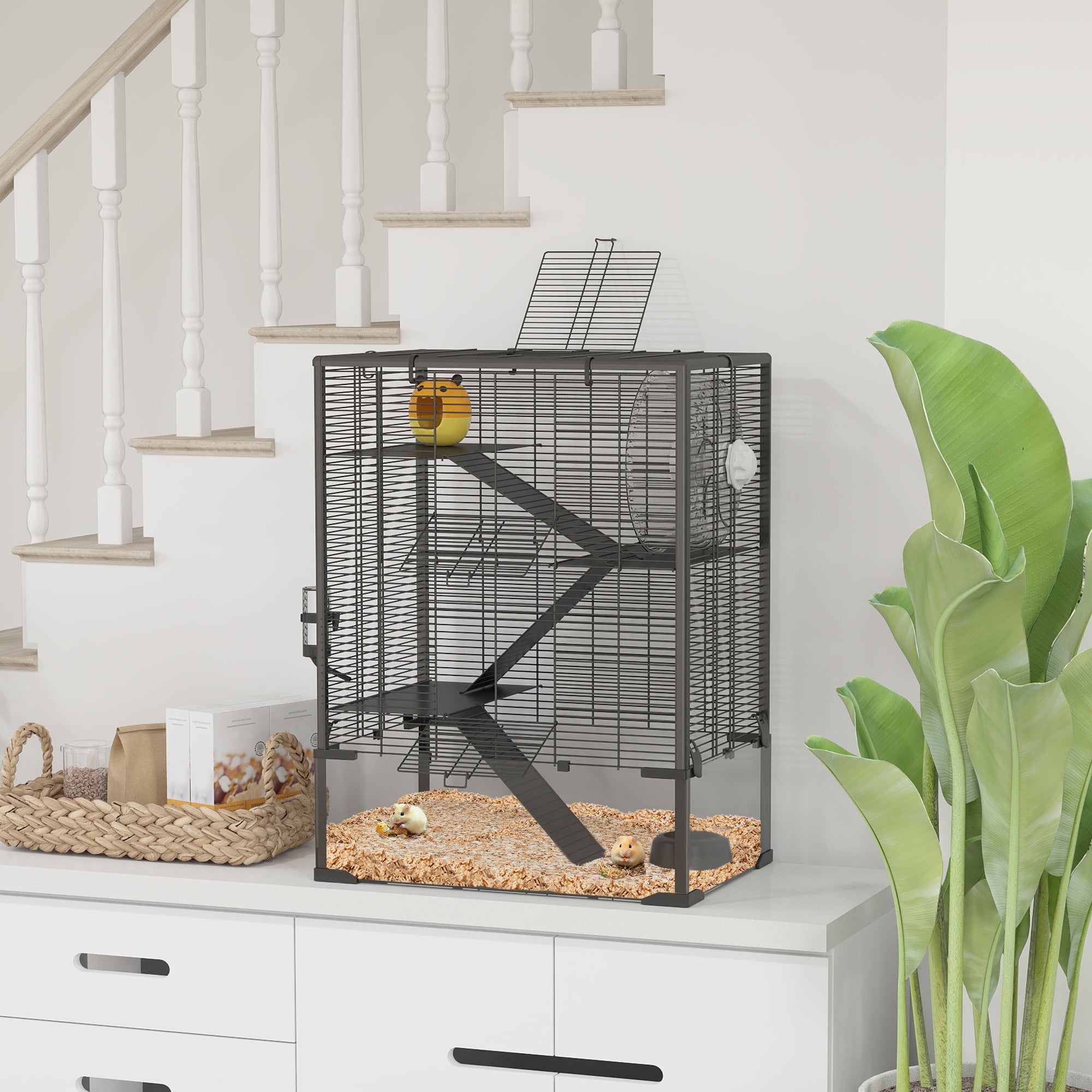 PawHut Large Hamster Cage with Deep Tempered Glass Bottom, 4 Tiers Hamster Tank with Running Wheel, Hut, Water Bottle, Dish, Rat Cage for Syrian, Dwarf, Gerbils, Mouse, 24" x 16" x 31.5", Black