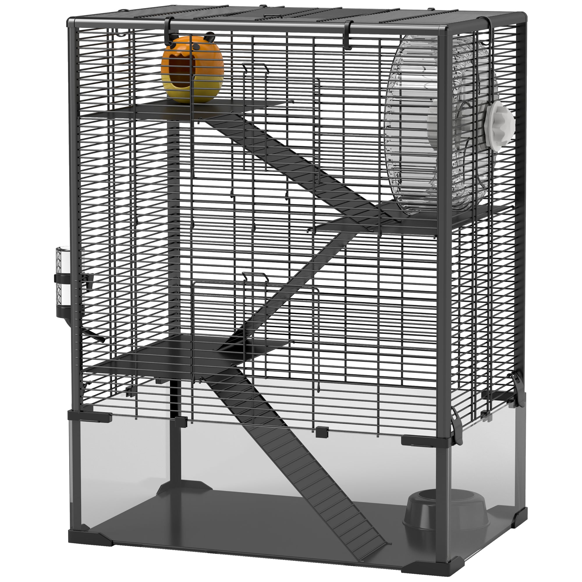PawHut Large Hamster Cage with Deep Tempered Glass Bottom, 4 Tiers Hamster Tank with Running Wheel, Hut, Water Bottle, Dish, Rat Cage for Syrian, Dwarf, Gerbils, Mouse, 24" x 16" x 31.5", Black