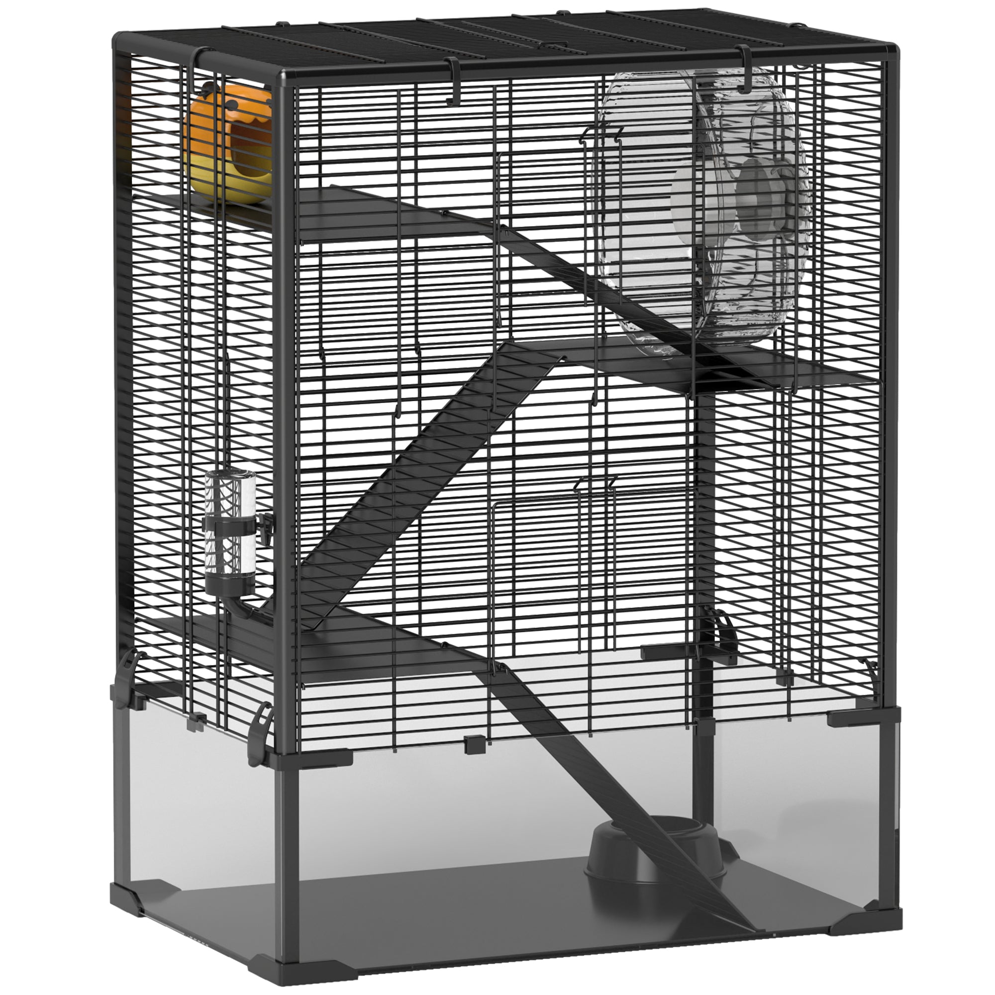 PawHut Large Hamster Cage with Deep Tempered Glass Bottom, 4 Tiers Hamster Tank with Running Wheel, Hut, Water Bottle, Dish, Rat Cage for Syrian, Dwarf, Gerbils, Mouse, 24" x 16" x 31.5", Black